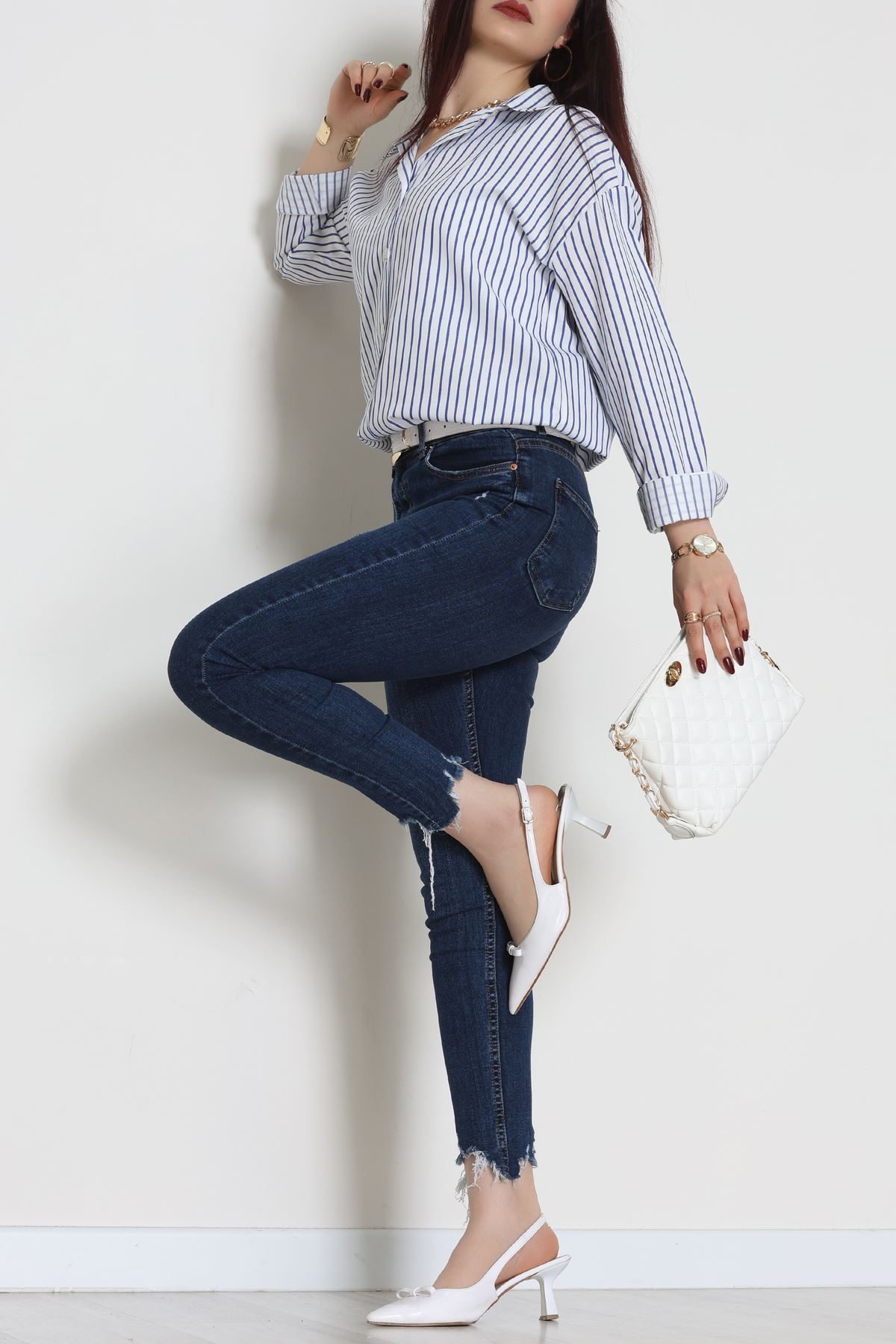 Pamuk Polyester Çizgili Oversize Gömlek Laciçizgili - 51052.147.