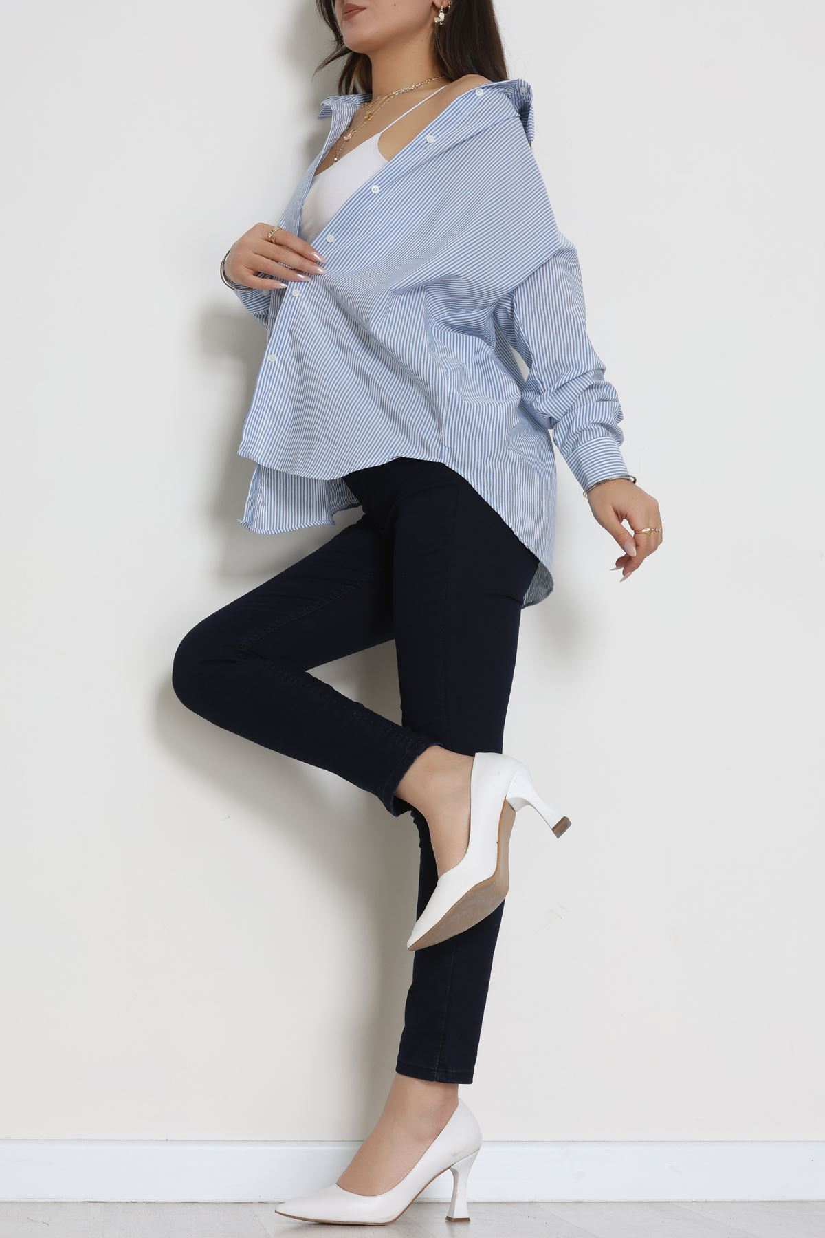 Pamuk Polyester Çizgili Oversize Gömlek Mavibeyaz1 - 51052.147.