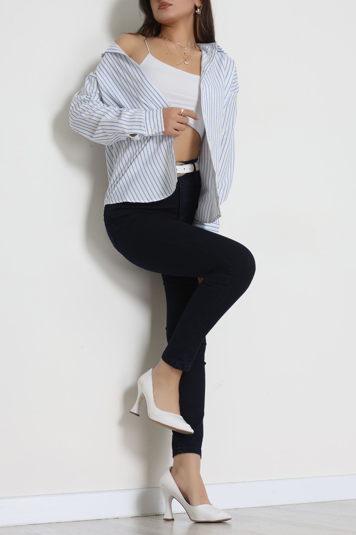 Pamuk Polyester Çizgili Oversize Gömlek Beyazmavi - 51052.147.