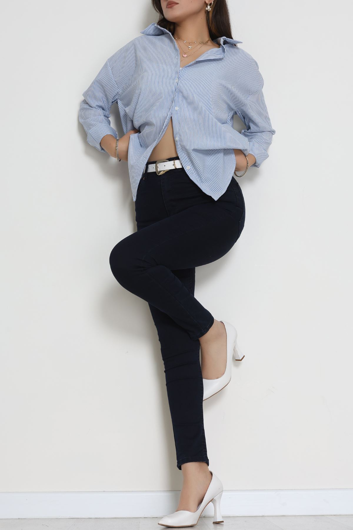 Pamuk Polyester Çizgili Oversize Gömlek Mavibeyaz1 - 51052.147.