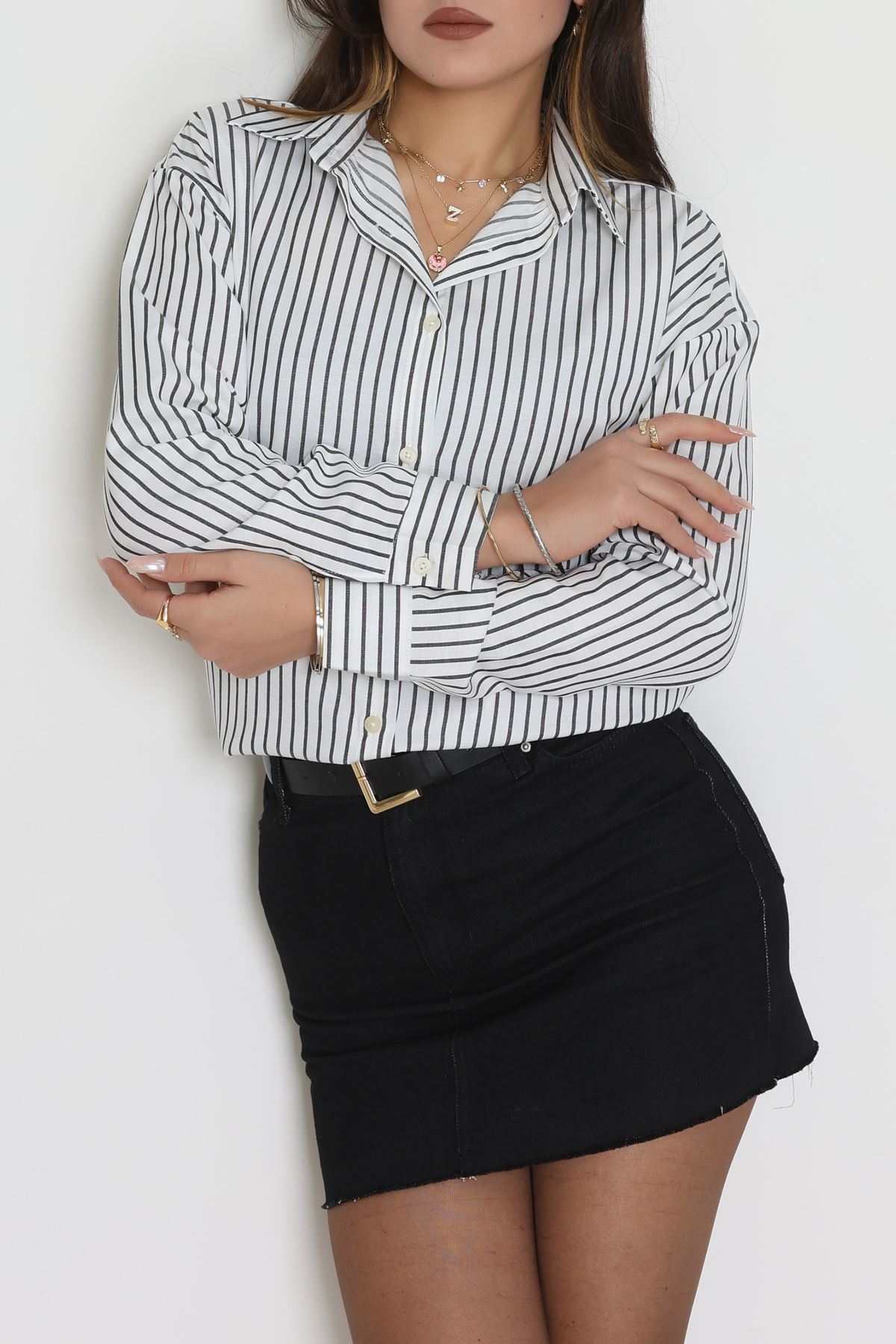 Pamuk Polyester Çizgili Oversize Gömlek Beyazsiyah - 51052.147.