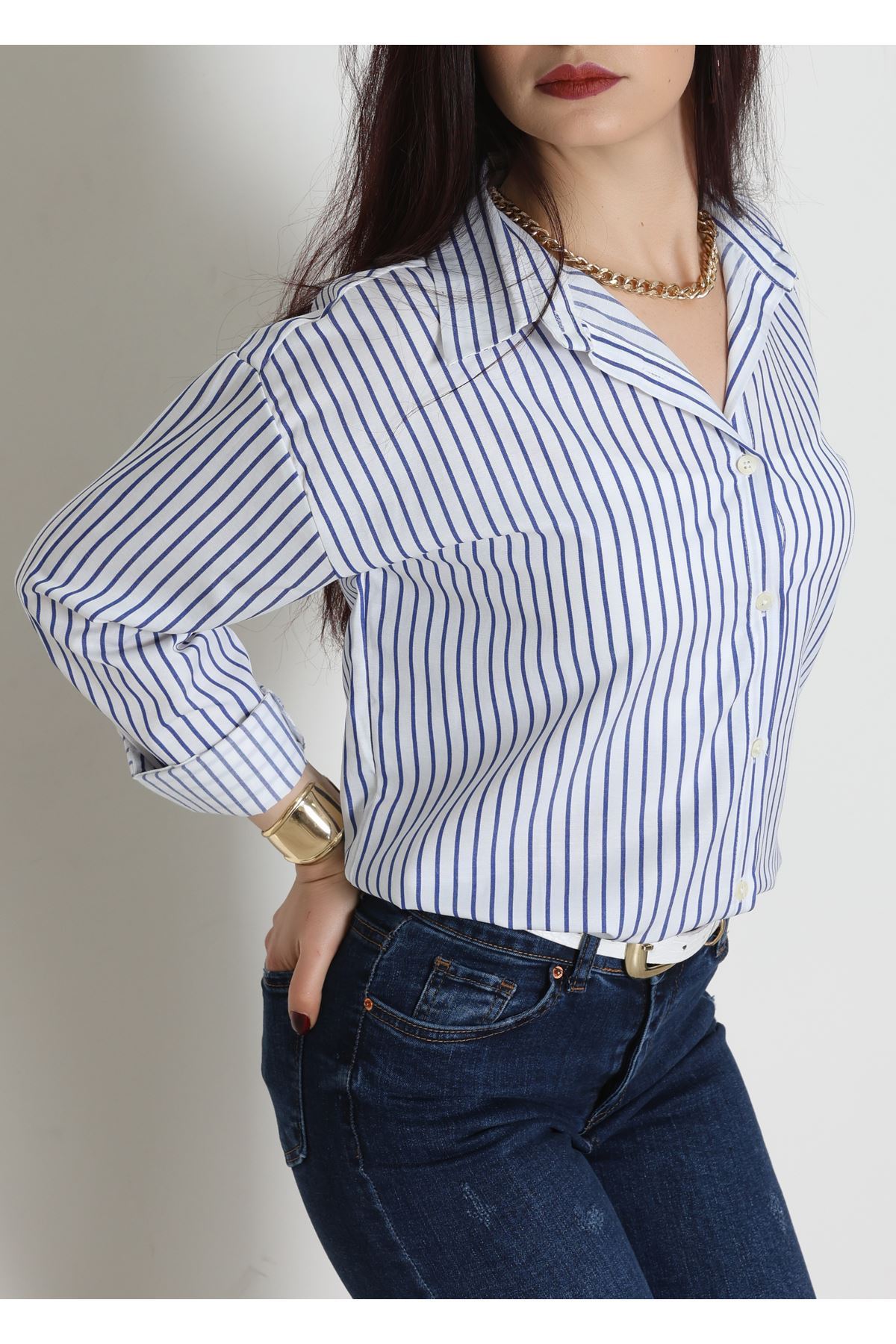 Pamuk Polyester Çizgili Oversize Gömlek Laciçizgili - 51052.147.