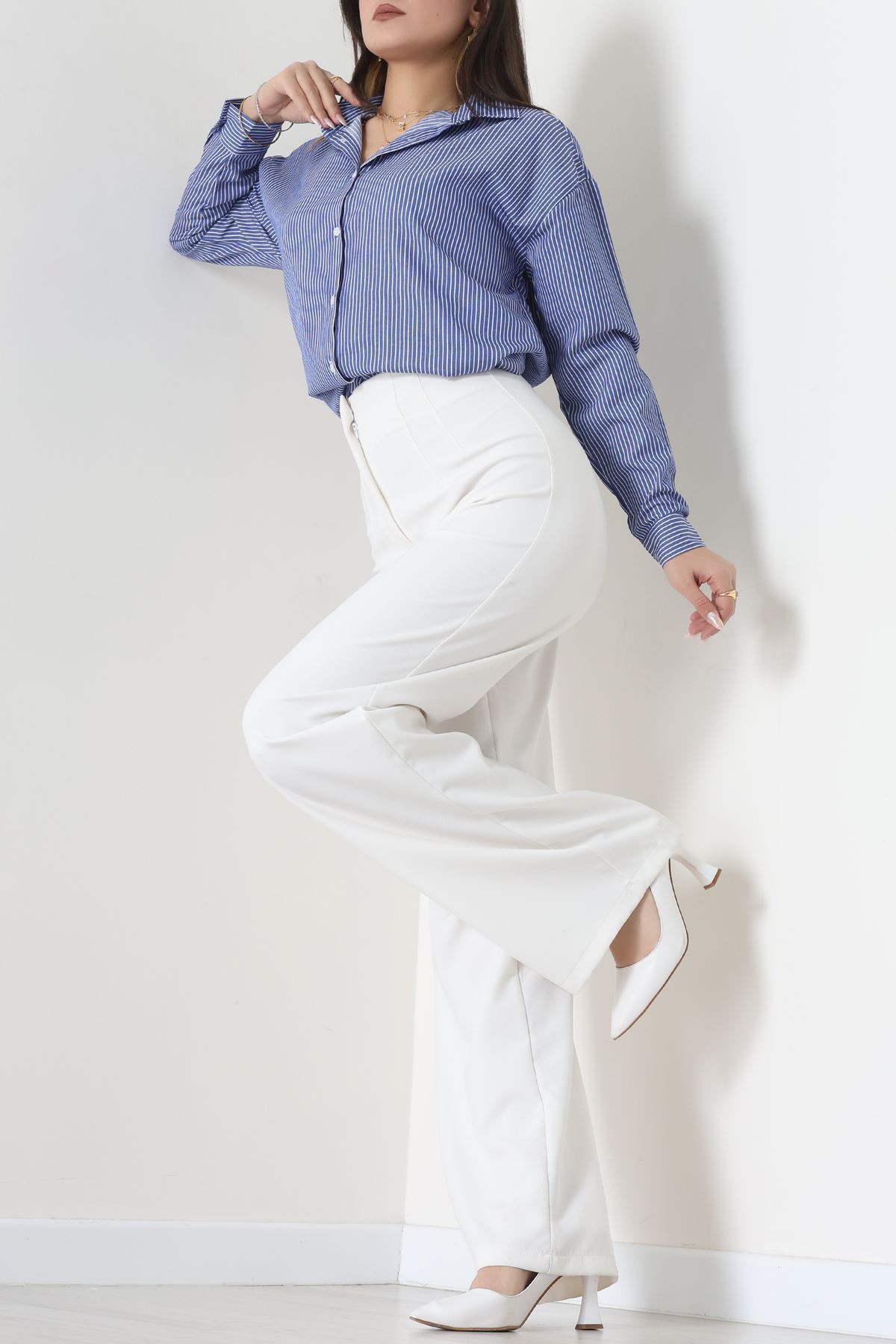 Pamuk Polyester Çizgili Oversize Gömlek Koyumavi - 51052.147.