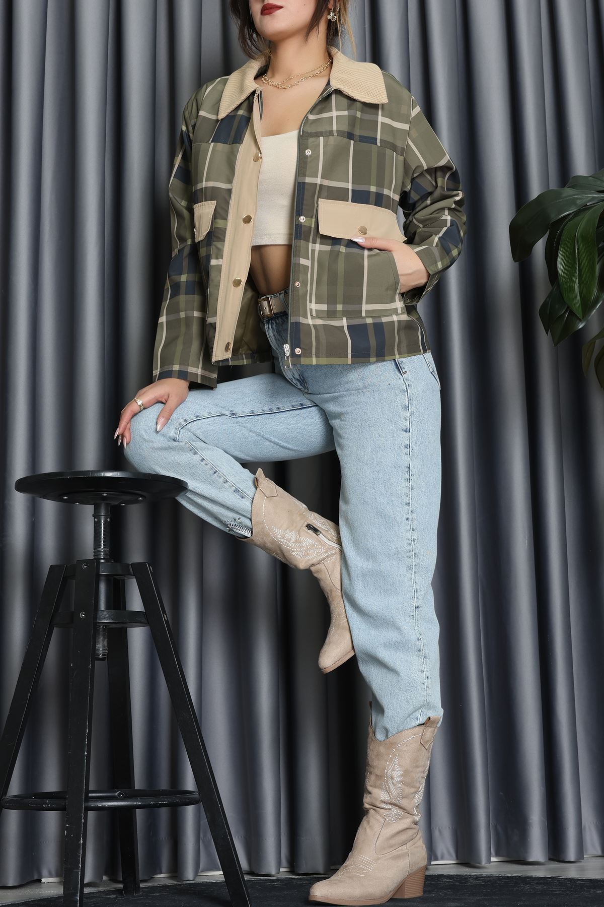 Yaka Detay Ekose Ceket Zümrüt - 7604.2122.