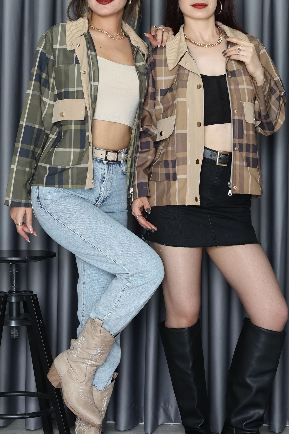 Yaka Detay Ekose Ceket Zümrüt - 7604.2122.