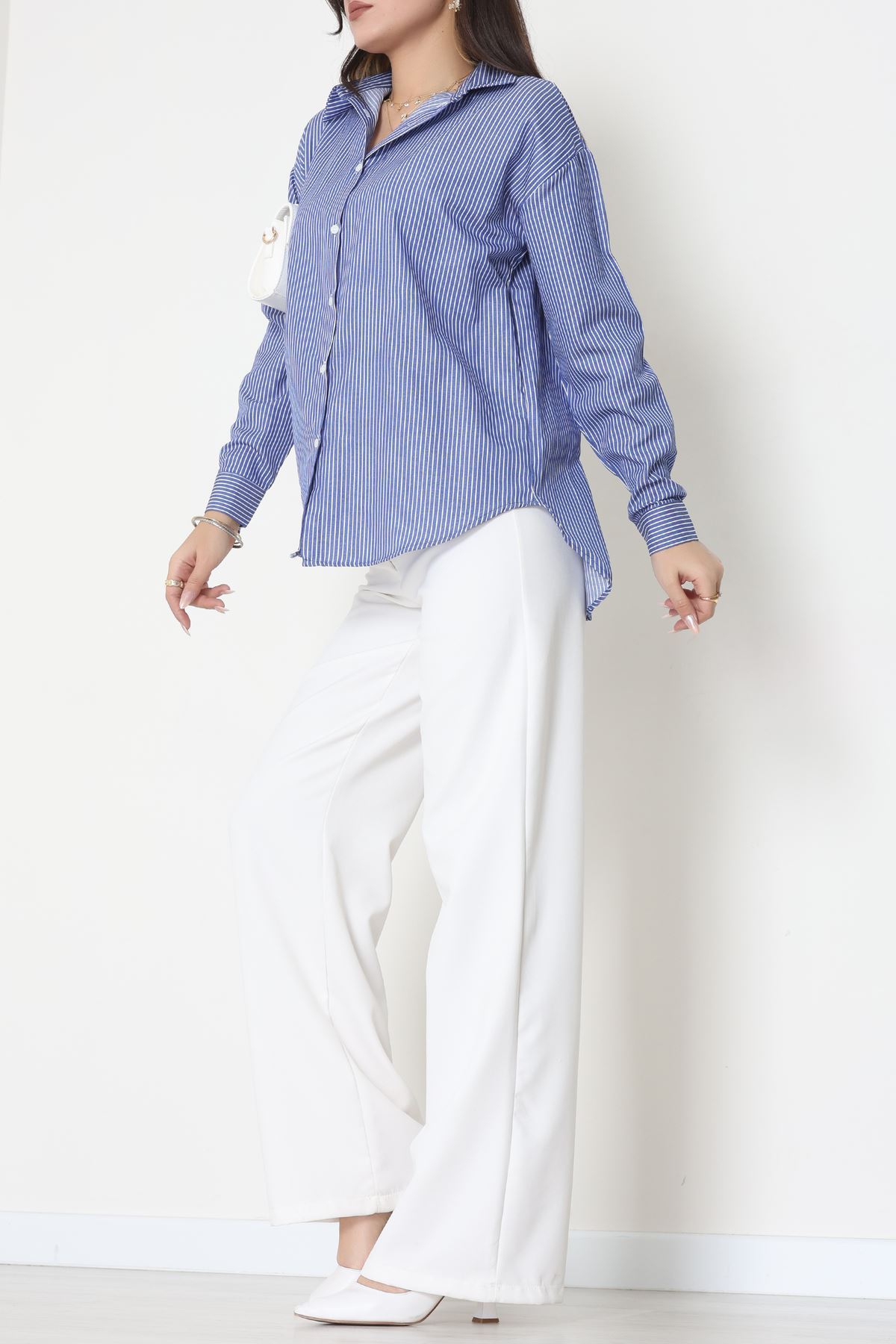 Pamuk Polyester Çizgili Oversize Gömlek Koyumavi - 51052.147.
