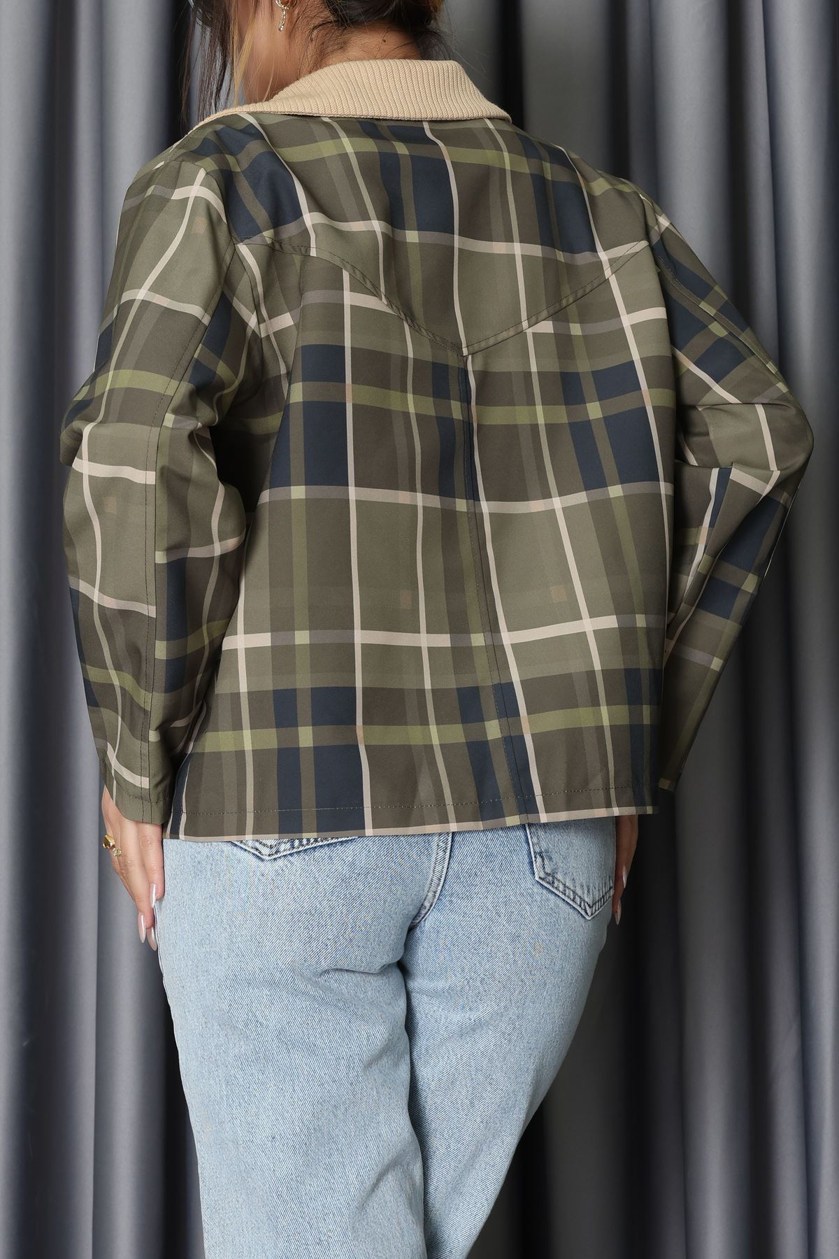 Yaka Detay Ekose Ceket Zümrüt - 7604.2122.