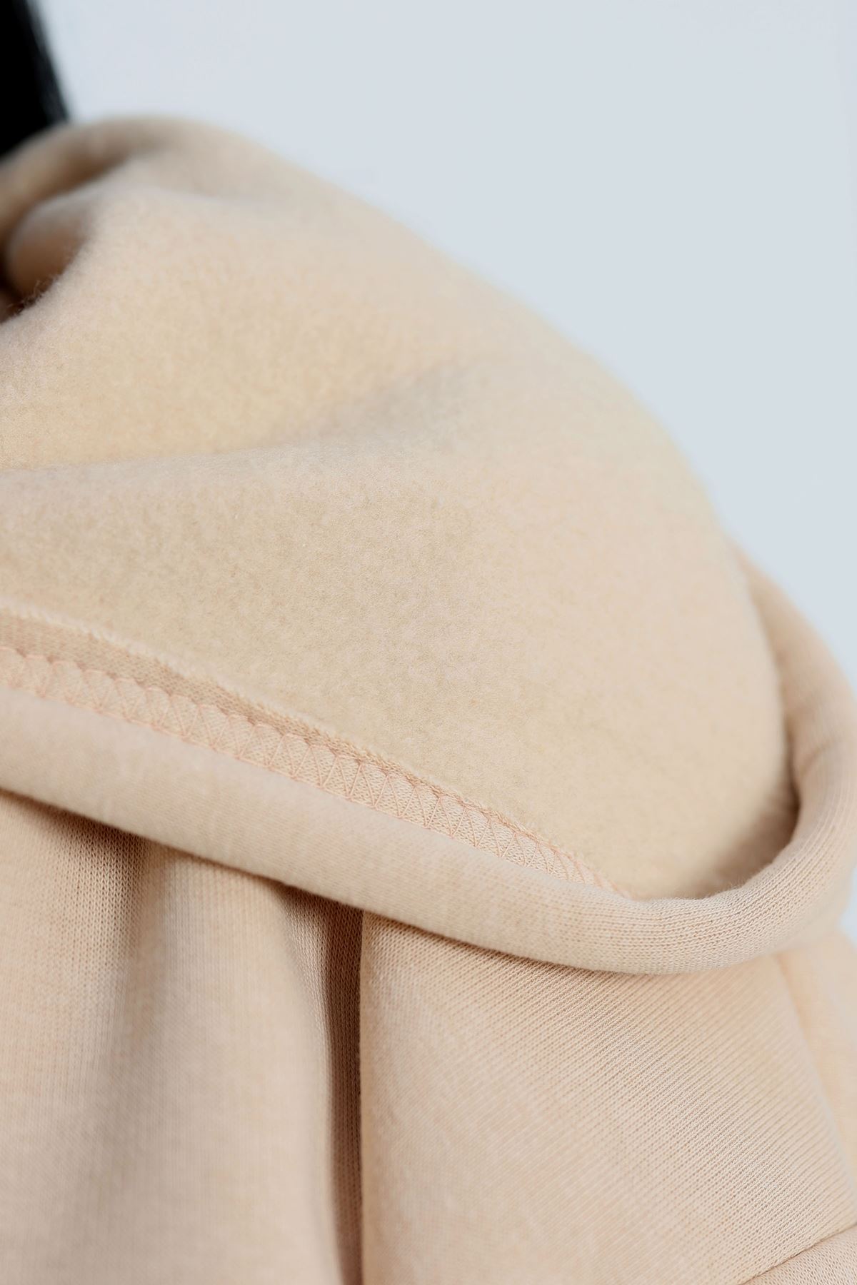 3 İplik Kapşonlu Baskılı Sweat Bej - 42232.1878.