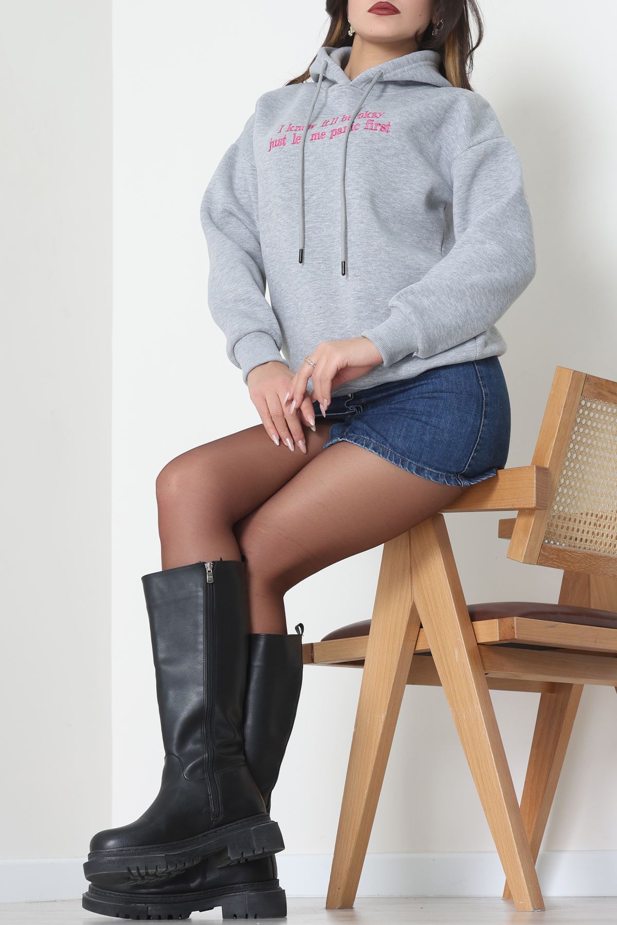 3 İplik Kapşonlu Nakışlı Sweat Grifuşya - 42231.1878.