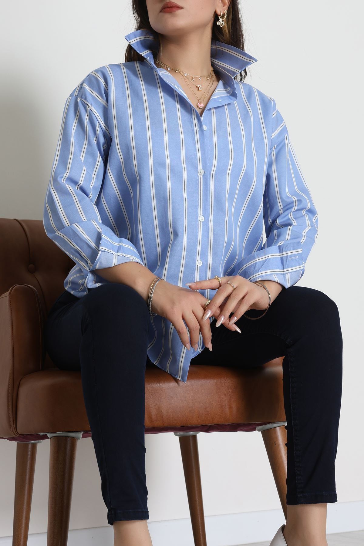 Pamuk Polyester Çizgili Oversize Gömlek Açıkmavi - 51052.147.
