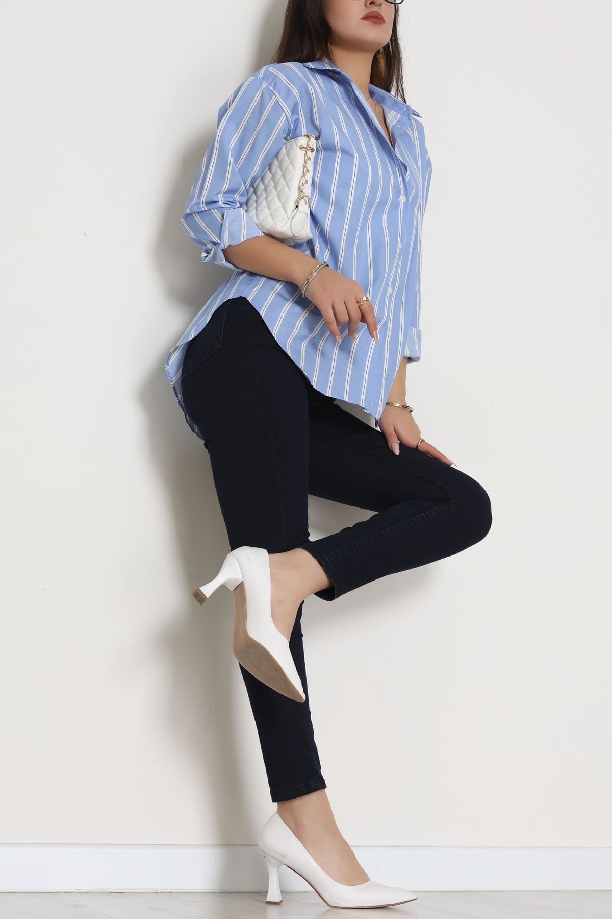 Pamuk Polyester Çizgili Oversize Gömlek Açıkmavi - 51052.147.