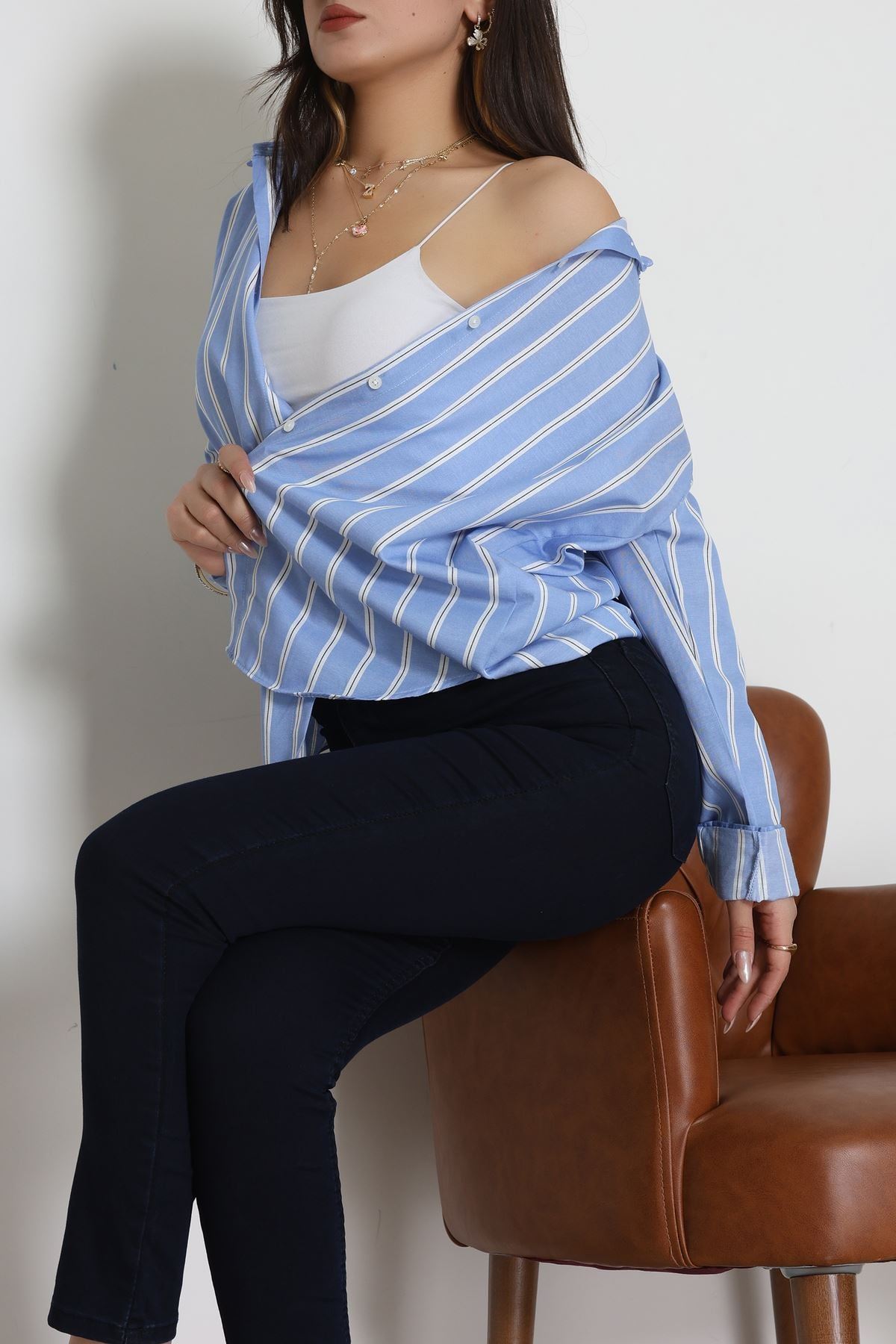 Pamuk Polyester Çizgili Oversize Gömlek Açıkmavi - 51052.147.