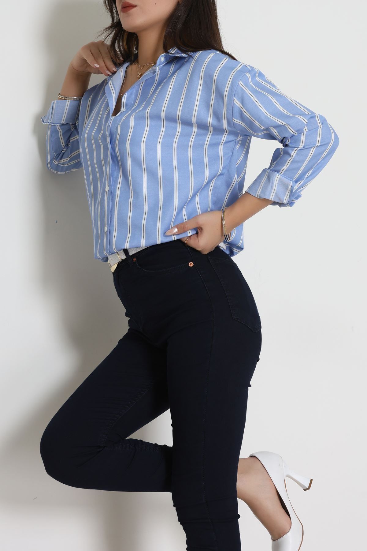 Pamuk Polyester Çizgili Oversize Gömlek Açıkmavi - 51052.147.