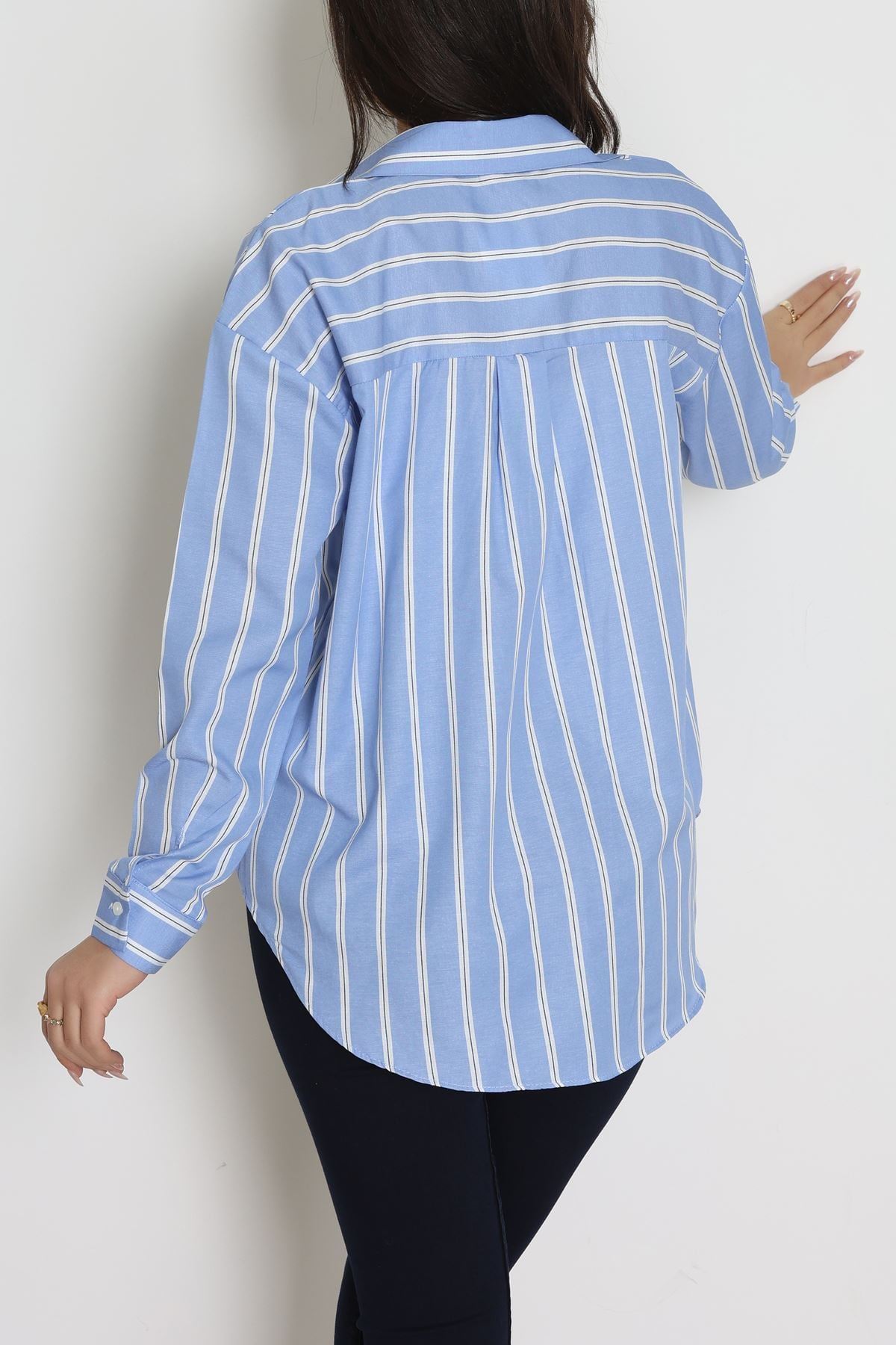Pamuk Polyester Çizgili Oversize Gömlek Açıkmavi - 51052.147.