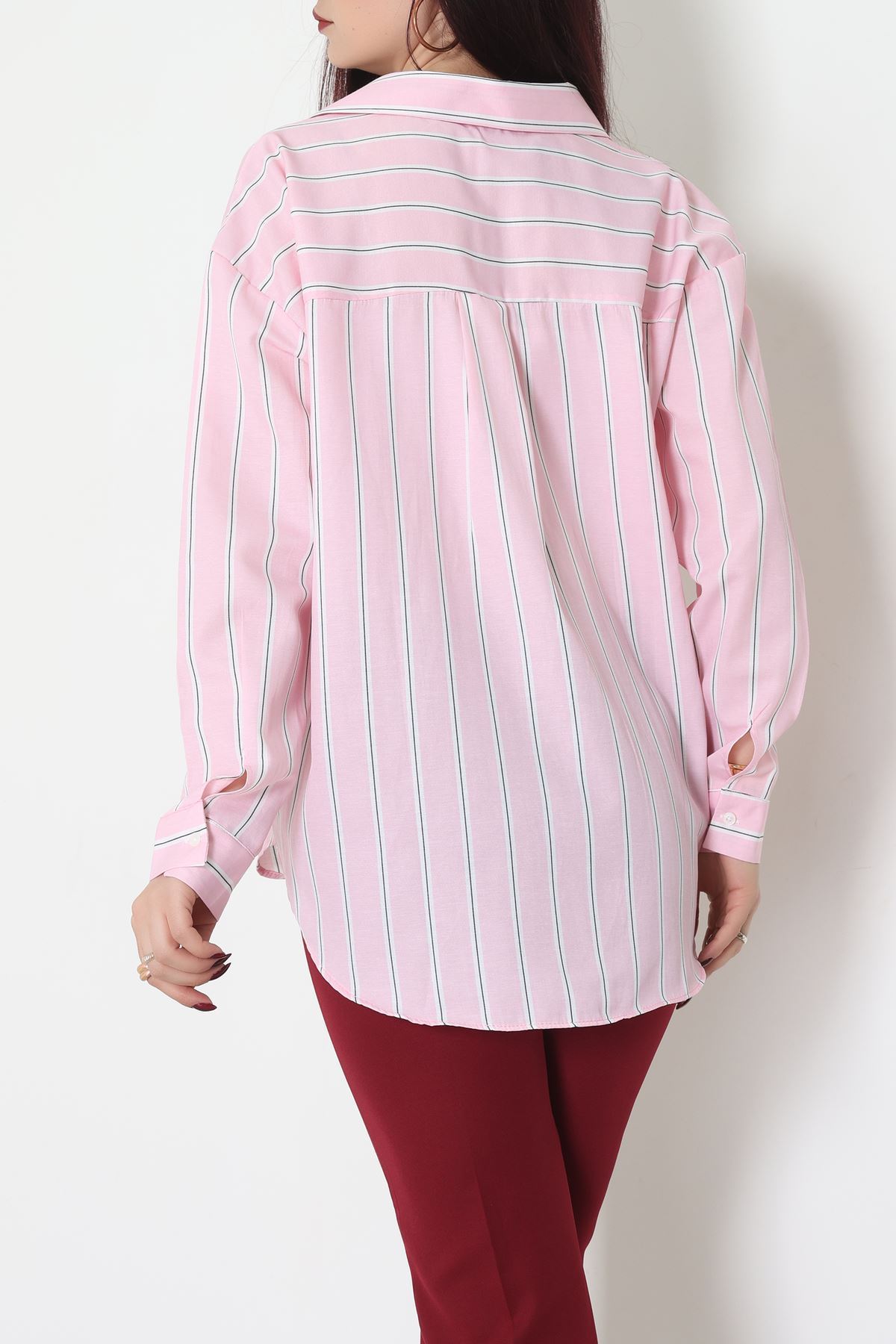 Pamuk Polyester Çizgili Oversize Gömlek Pembebeyaz - 51052.147.