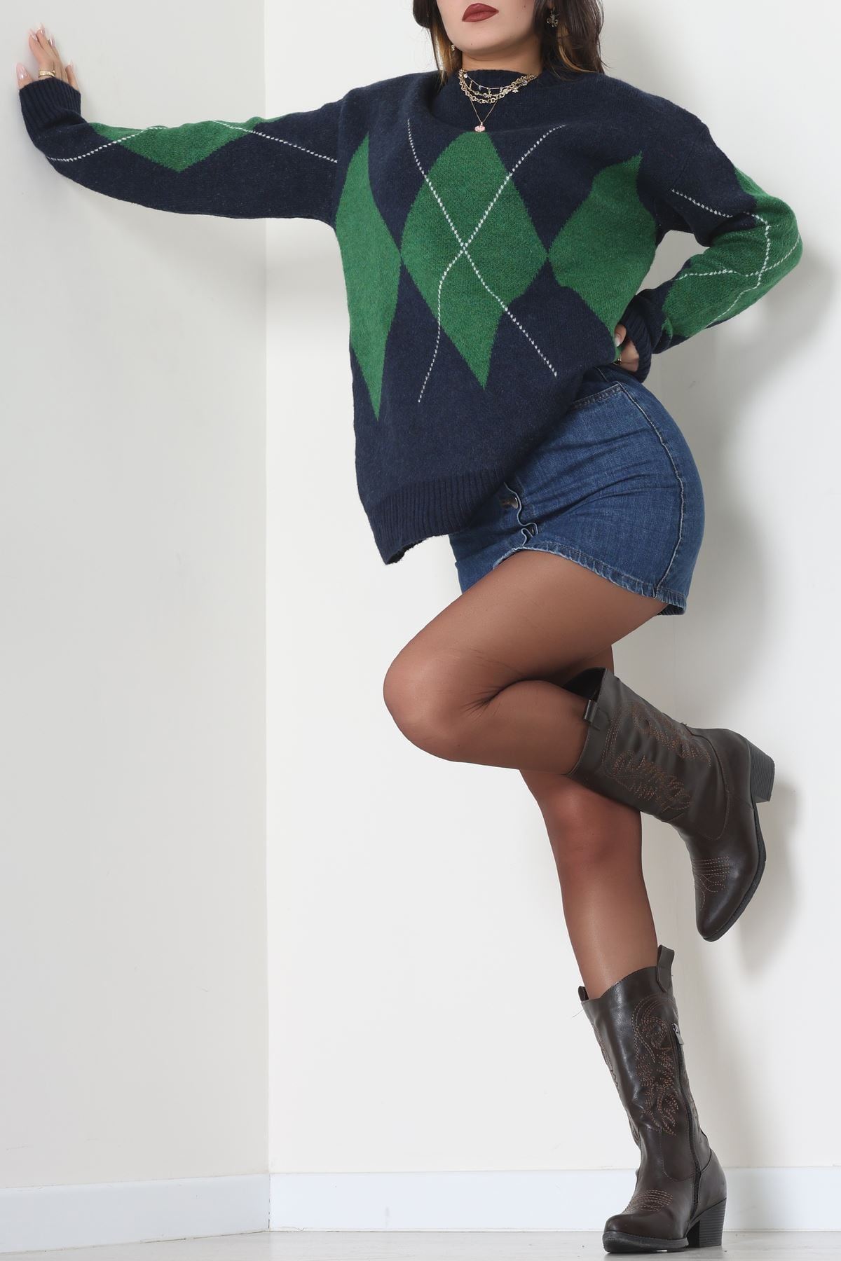 Baklava Dilimli Triko Kazak Laciyeşil - 51262.1918.