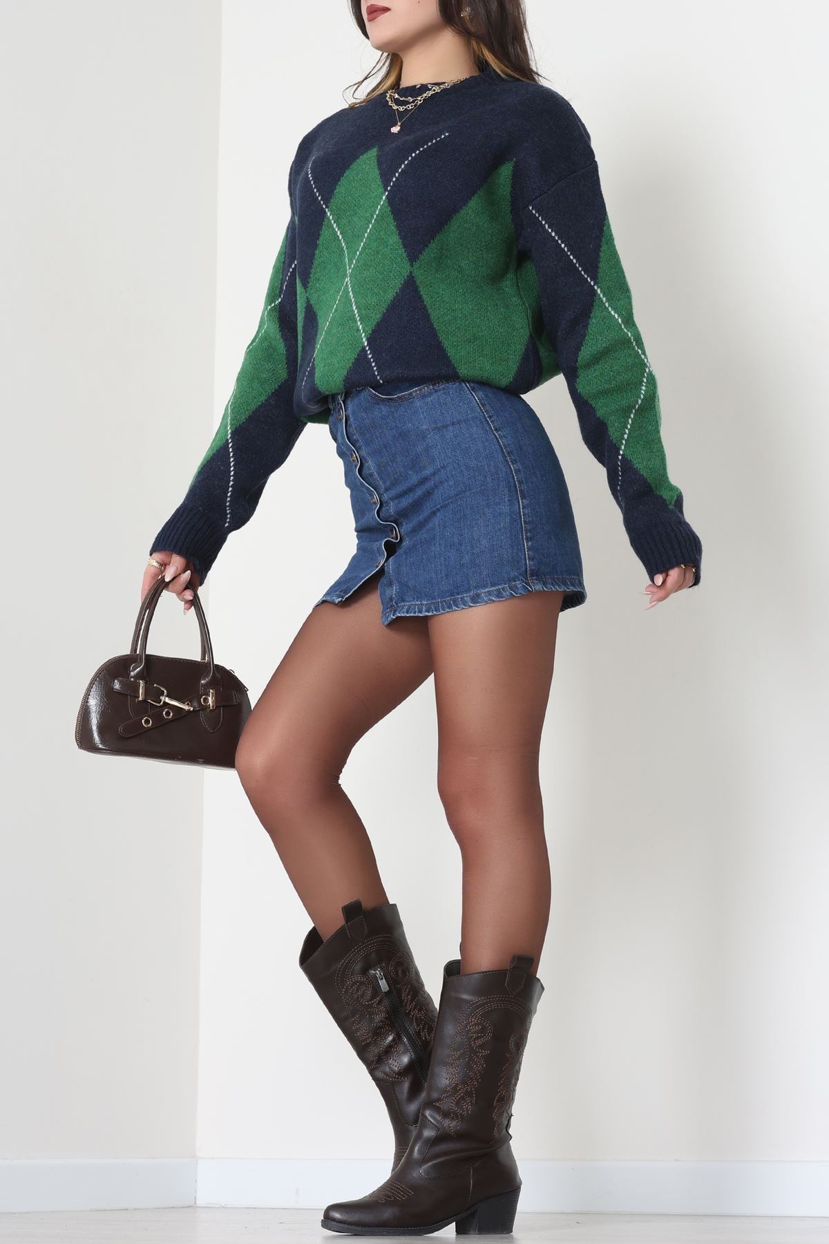 Baklava Dilimli Triko Kazak Laciyeşil - 51262.1918.