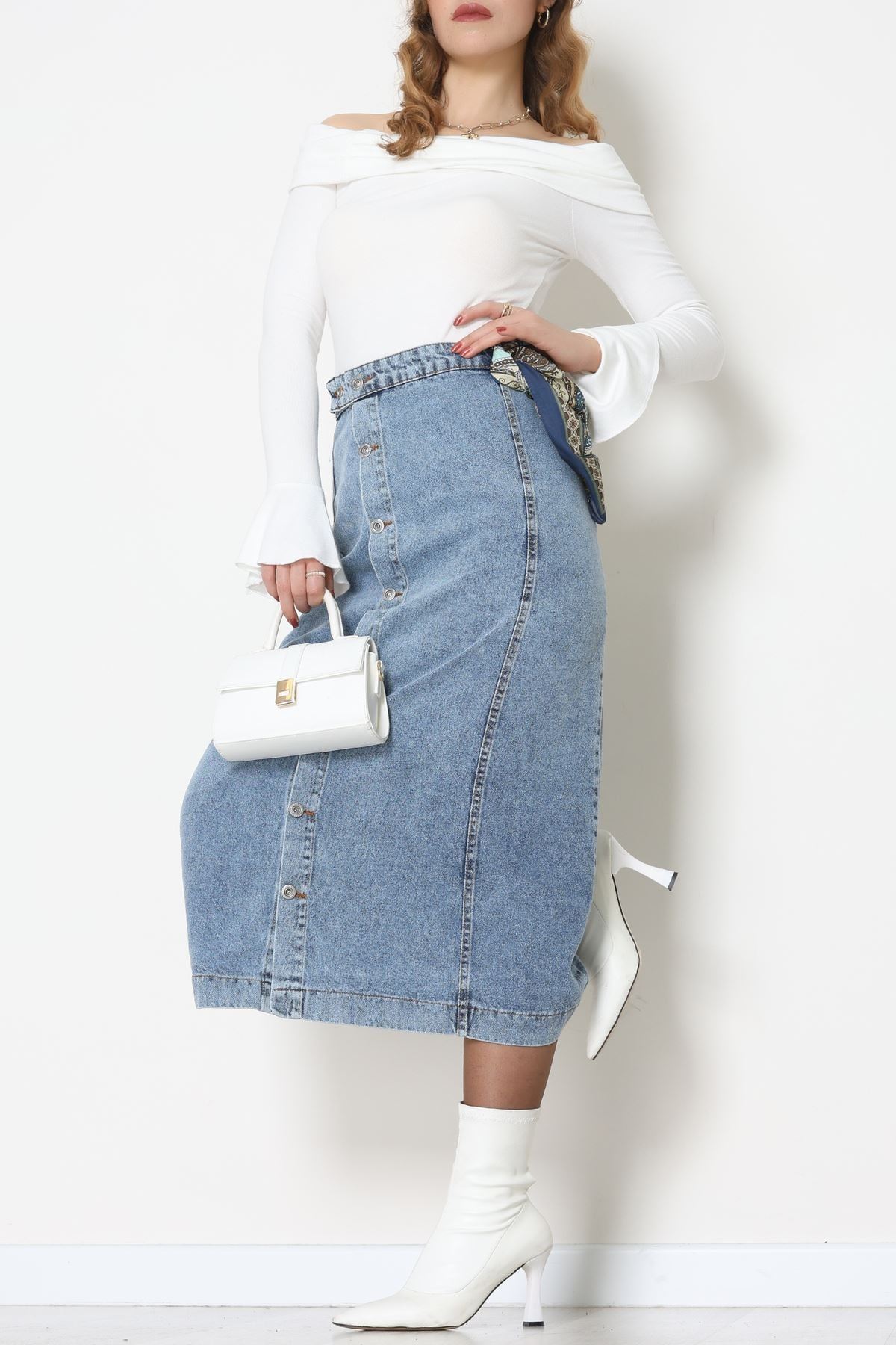 Düğmeli Kot Etek Açıkmavi - 31556.2088.