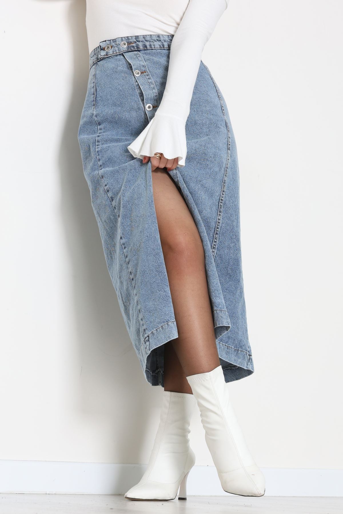 Düğmeli Kot Etek Açıkmavi - 31556.2088.