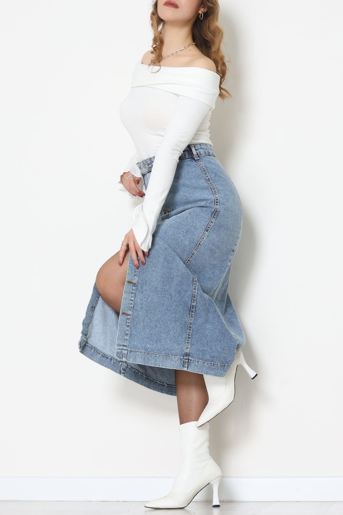 Düğmeli Kot Etek Açıkmavi - 31556.2088.