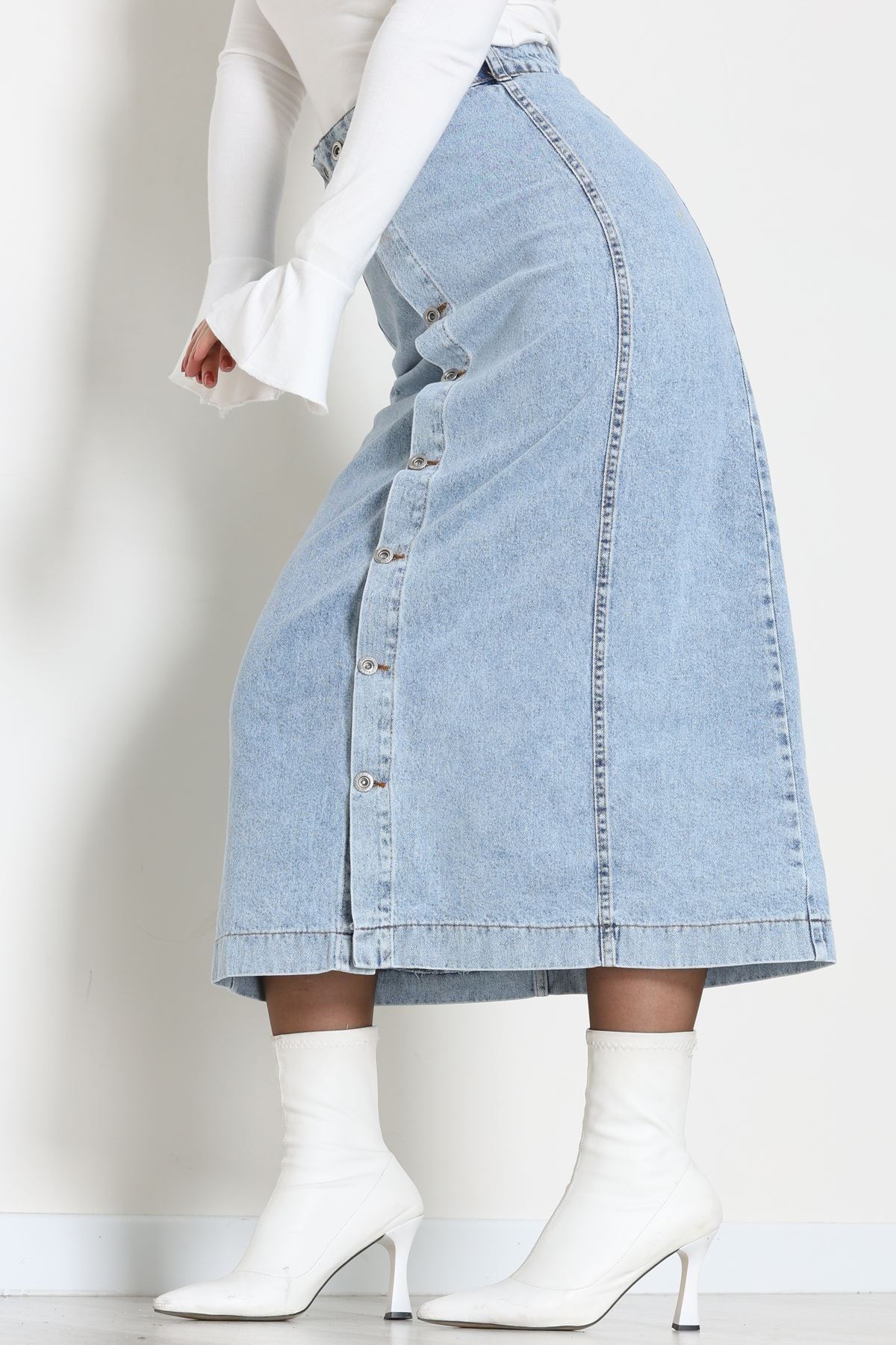 Düğmeli Kot Etek Buzmavi - 31556.2088.