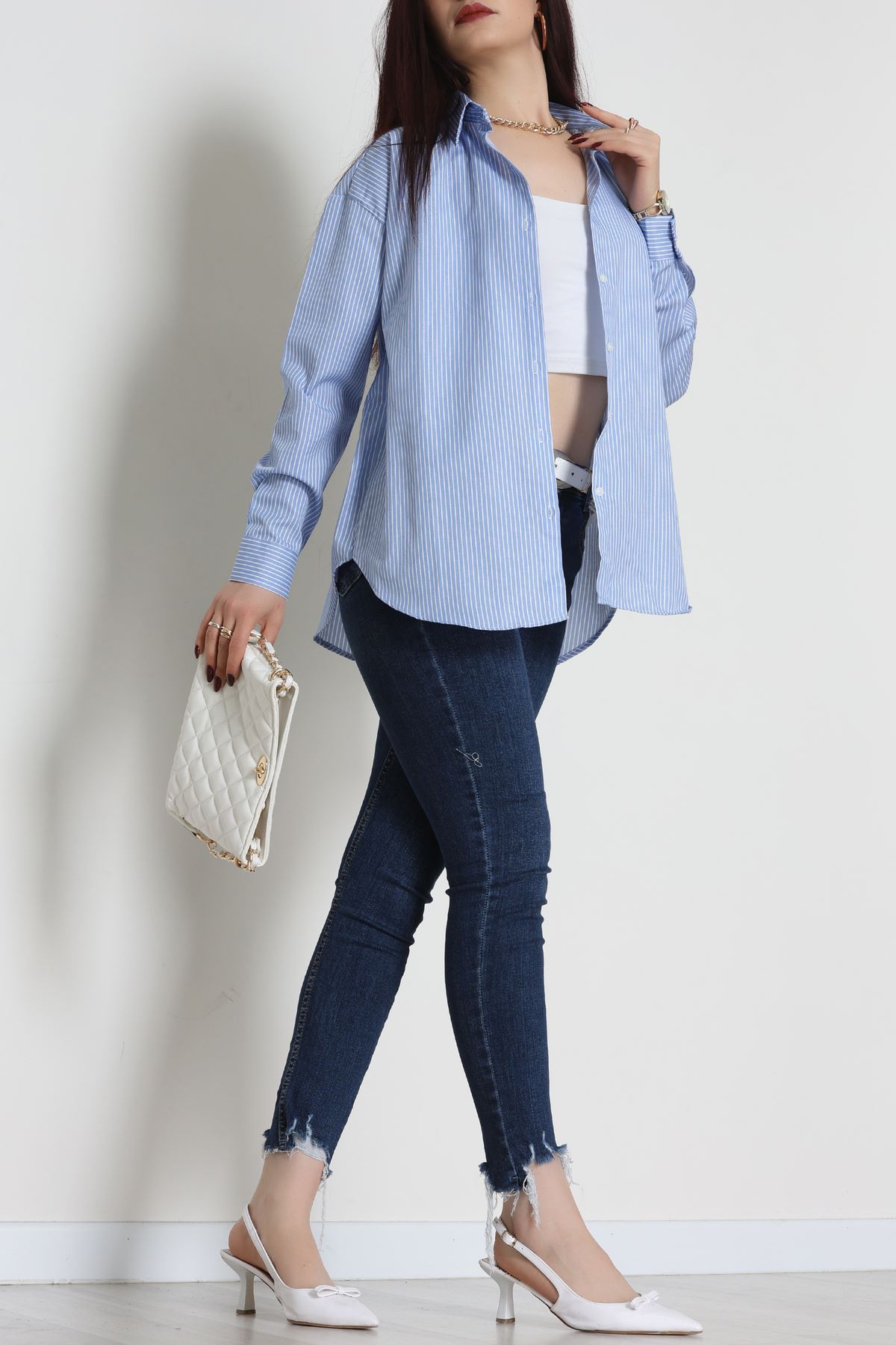 Pamuk Polyester Çizgili Oversize Gömlek Mavibeyaz - 51052.147.