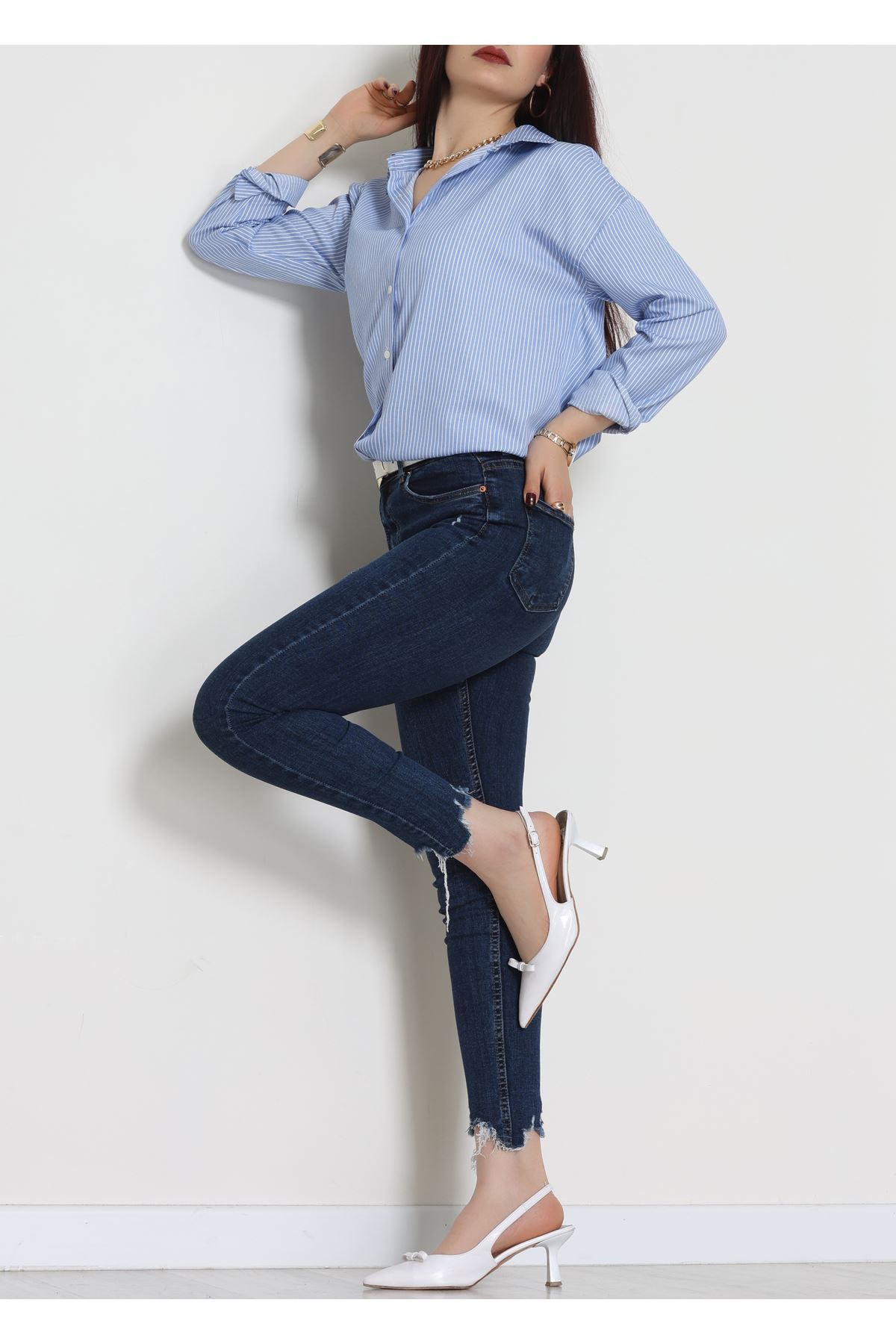 Pamuk Polyester Çizgili Oversize Gömlek Mavibeyaz - 51052.147.