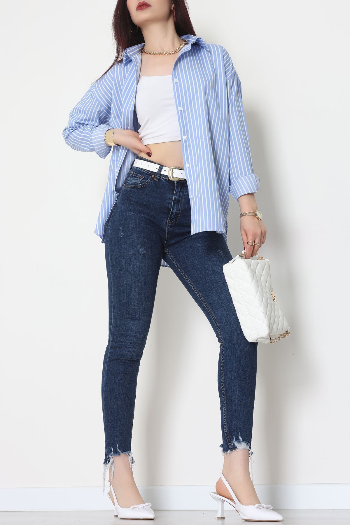Pamuk Polyester Çizgili Oversize Gömlek Açıkmavibeyaz - 51052.147.