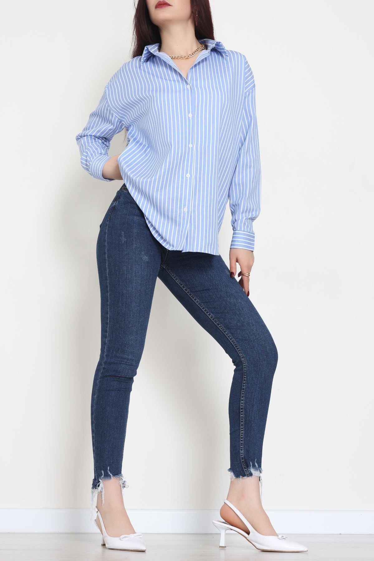 Pamuk Polyester Çizgili Oversize Gömlek Açıkmavibeyaz - 51052.147.