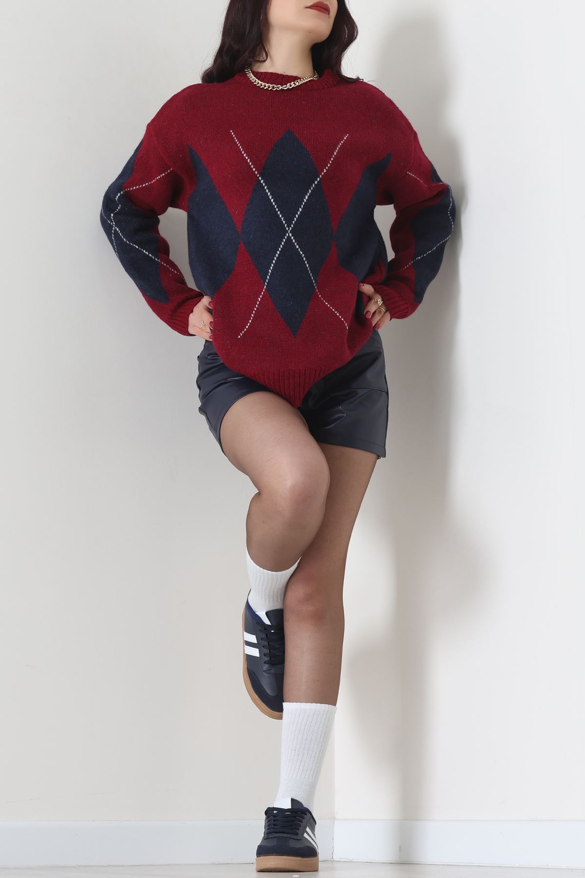 Baklava Dilimli Triko Kazak Bordolacivert - 51262.1918.