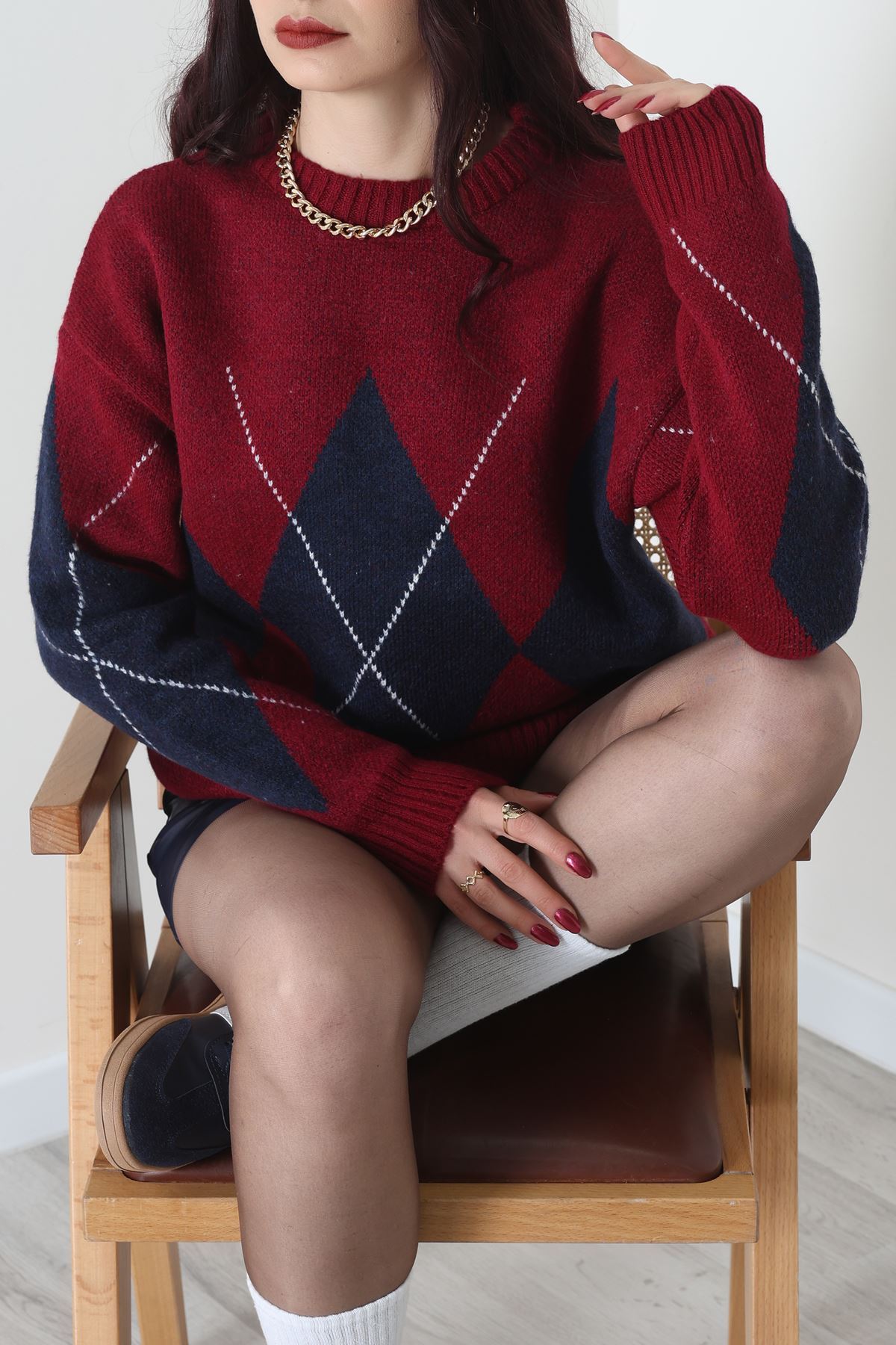 Baklava Dilimli Triko Kazak Bordolacivert - 51262.1918.