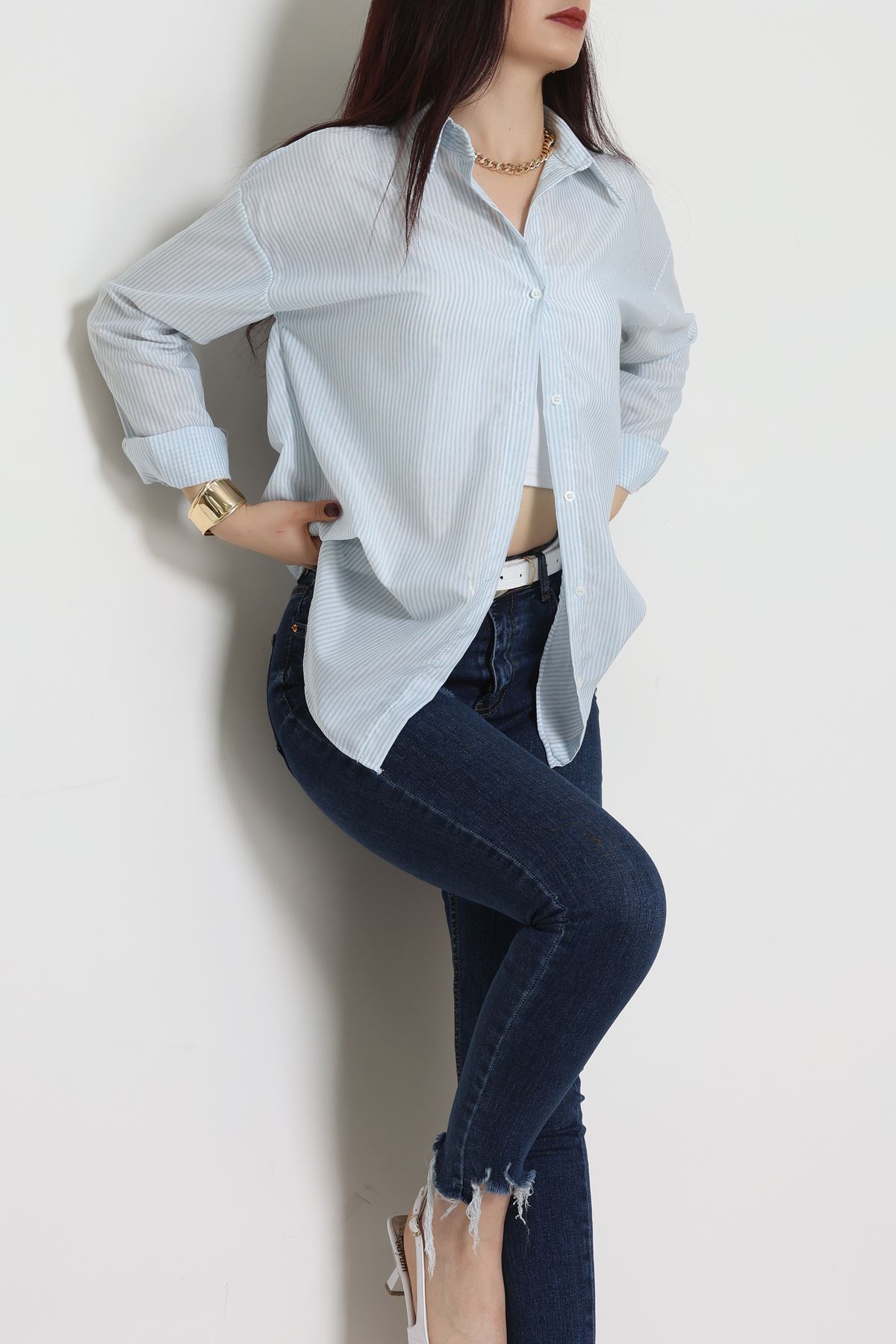 Pamuk Polyester Çizgili Oversize Gömlek Bebemavi - 51052.147.