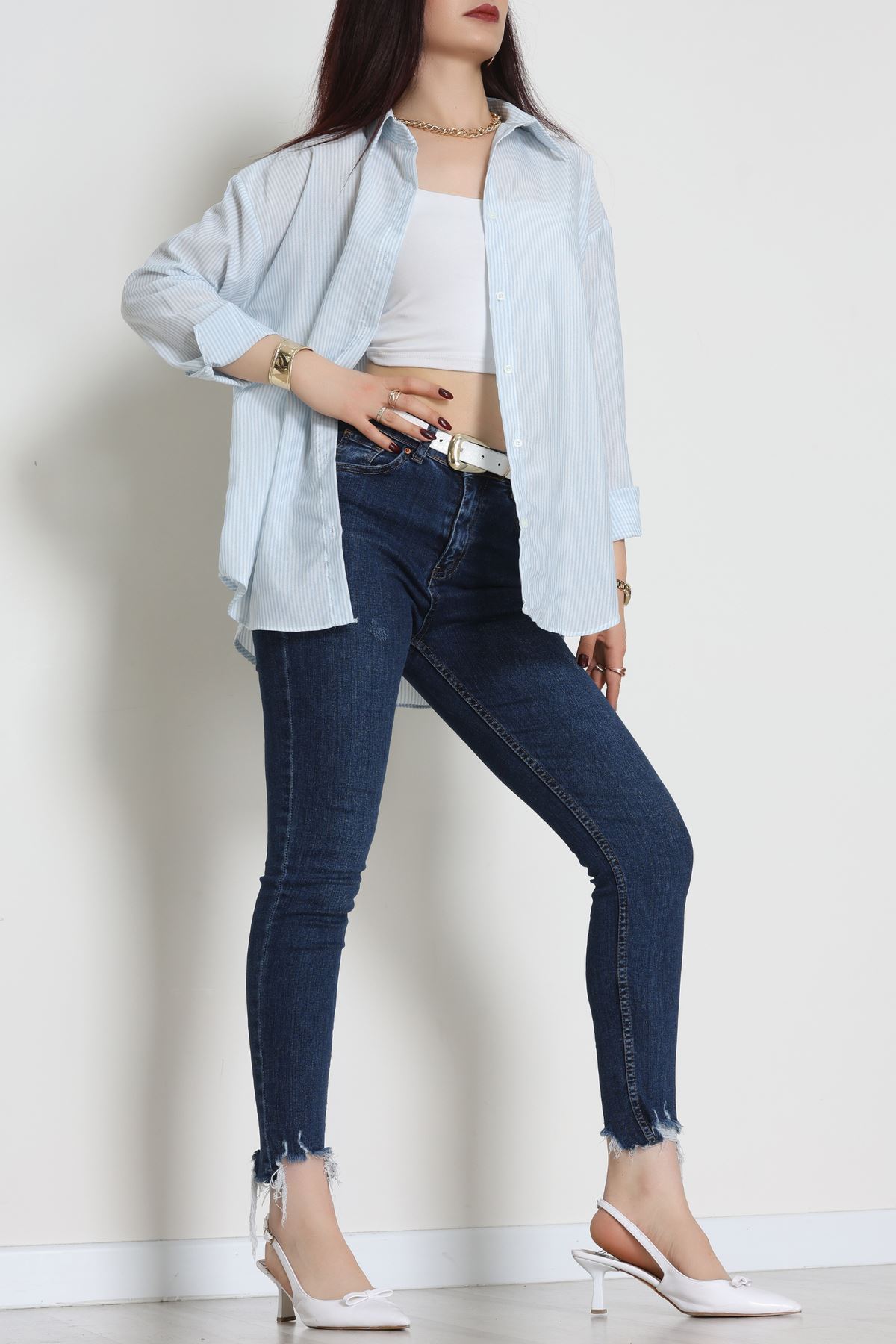 Pamuk Polyester Çizgili Oversize Gömlek Bebemavi - 51052.147.