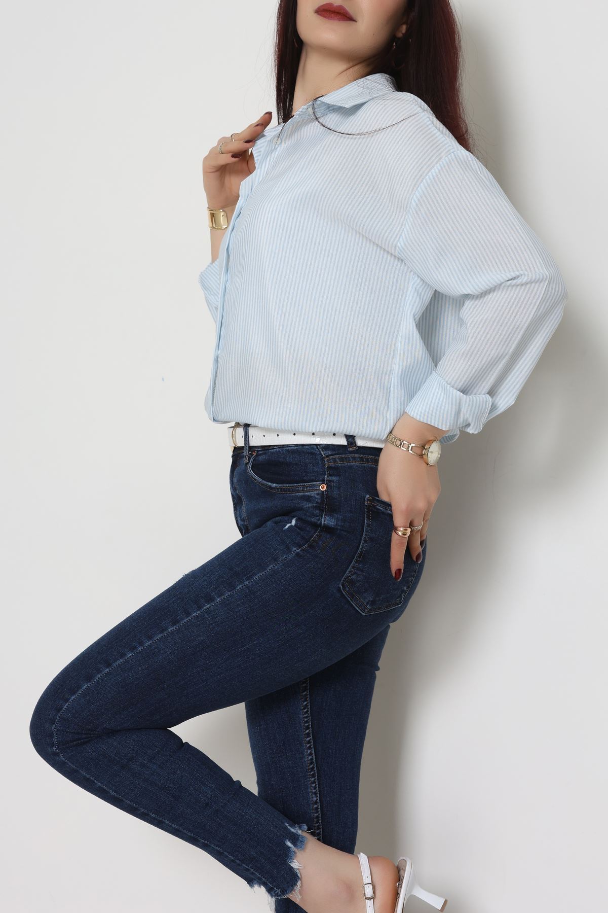 Pamuk Polyester Çizgili Oversize Gömlek Bebemavi - 51052.147.