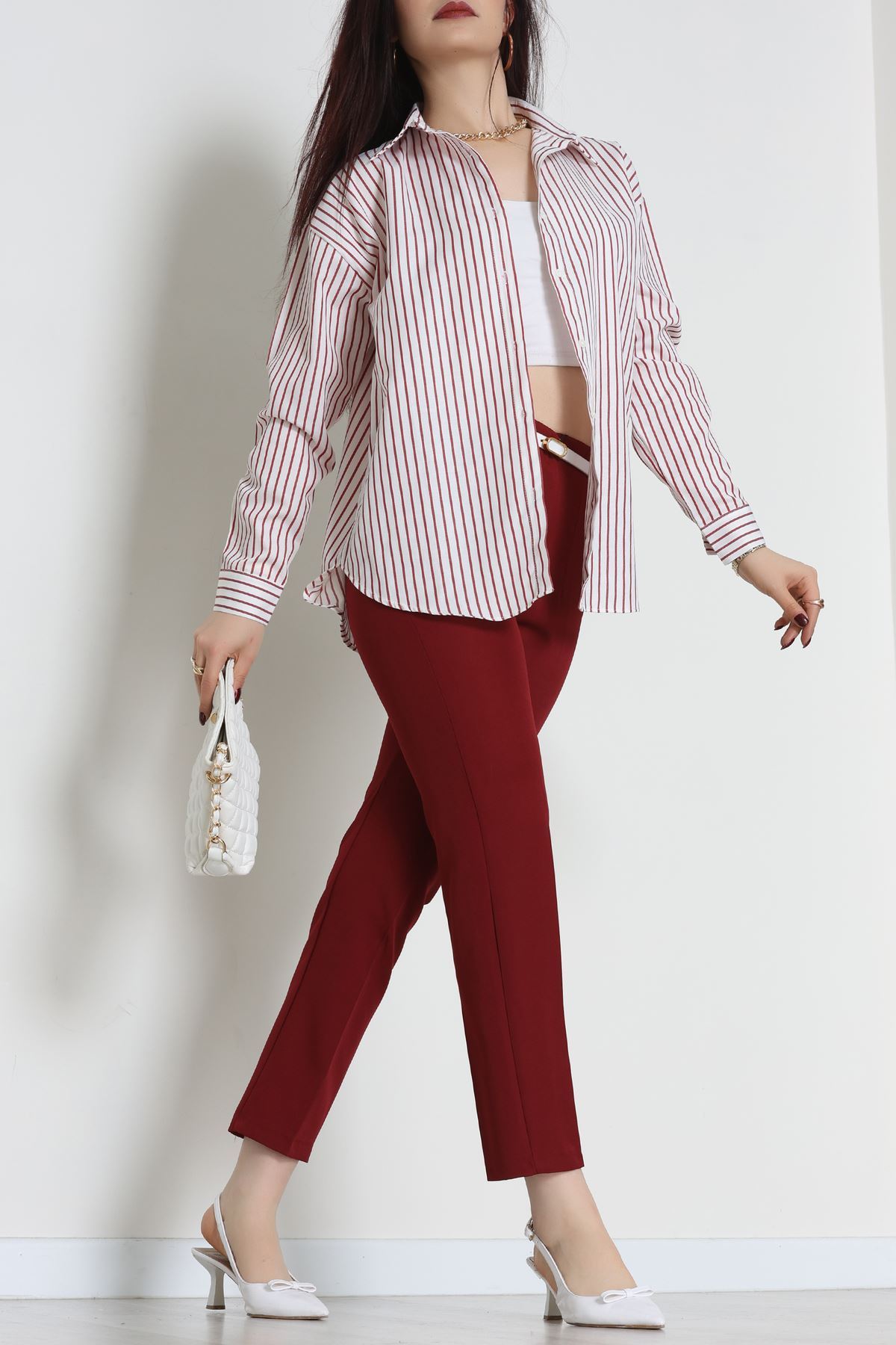 Pamuk Polyester Çizgili Oversize Gömlek Bordobeyaz - 51052.147.