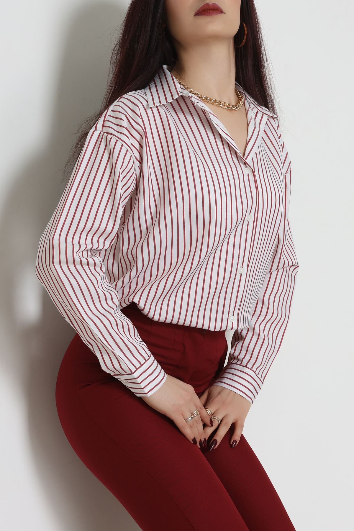 Pamuk Polyester Çizgili Oversize Gömlek Bordobeyaz - 51052.147.