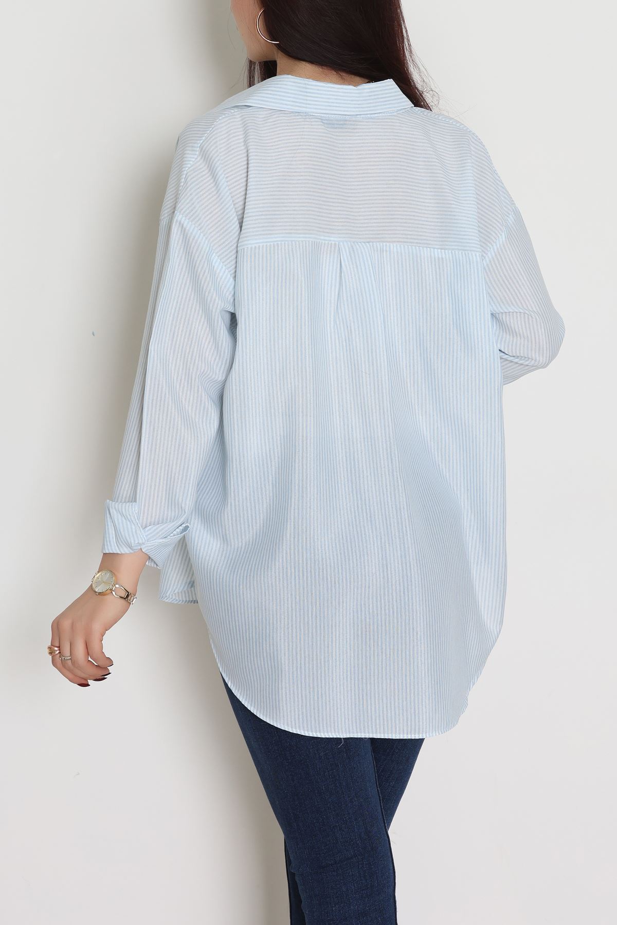 Pamuk Polyester Çizgili Oversize Gömlek Bebemavi - 51052.147.
