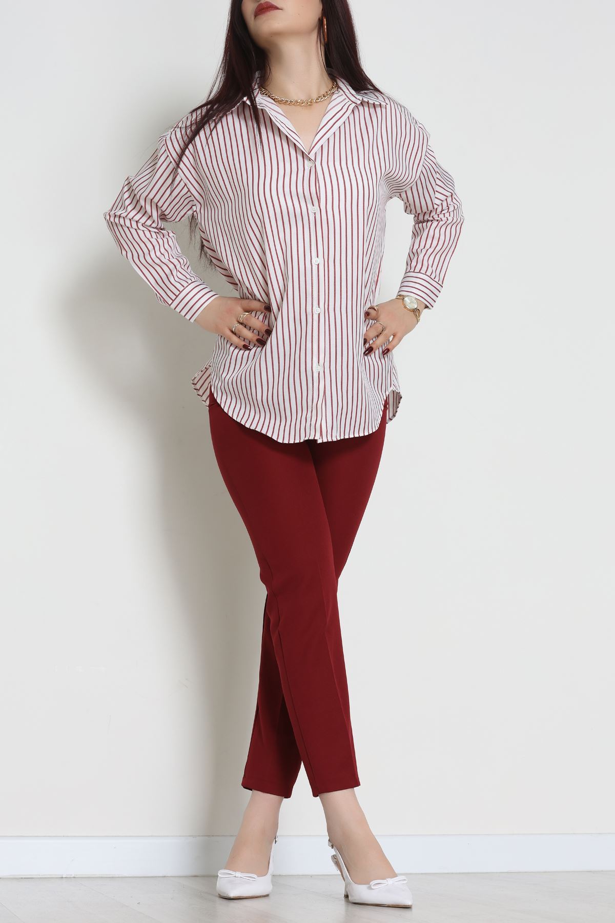 Pamuk Polyester Çizgili Oversize Gömlek Bordobeyaz - 51052.147.