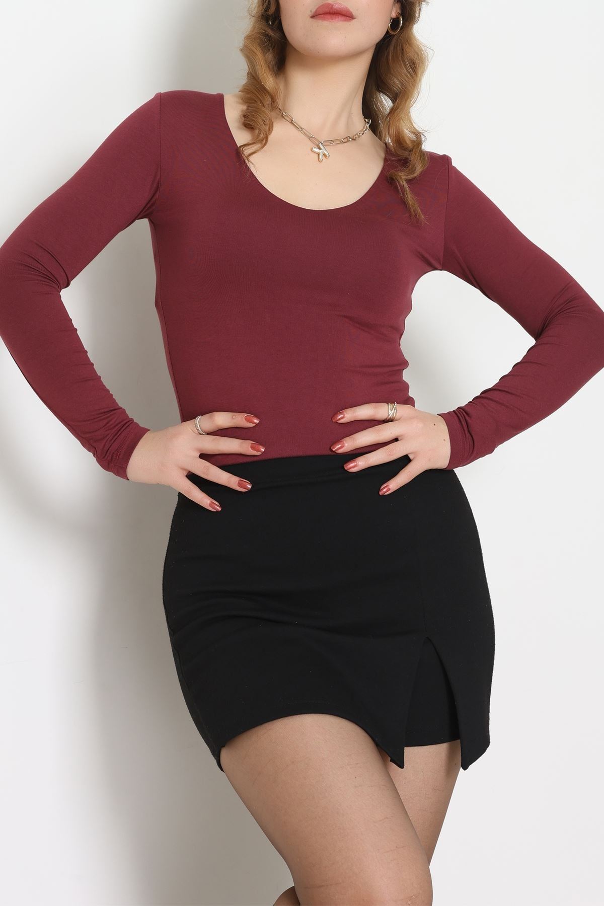V Yaka Likralı Viskon Uzun Kollu Body Bordo - 22132.200.