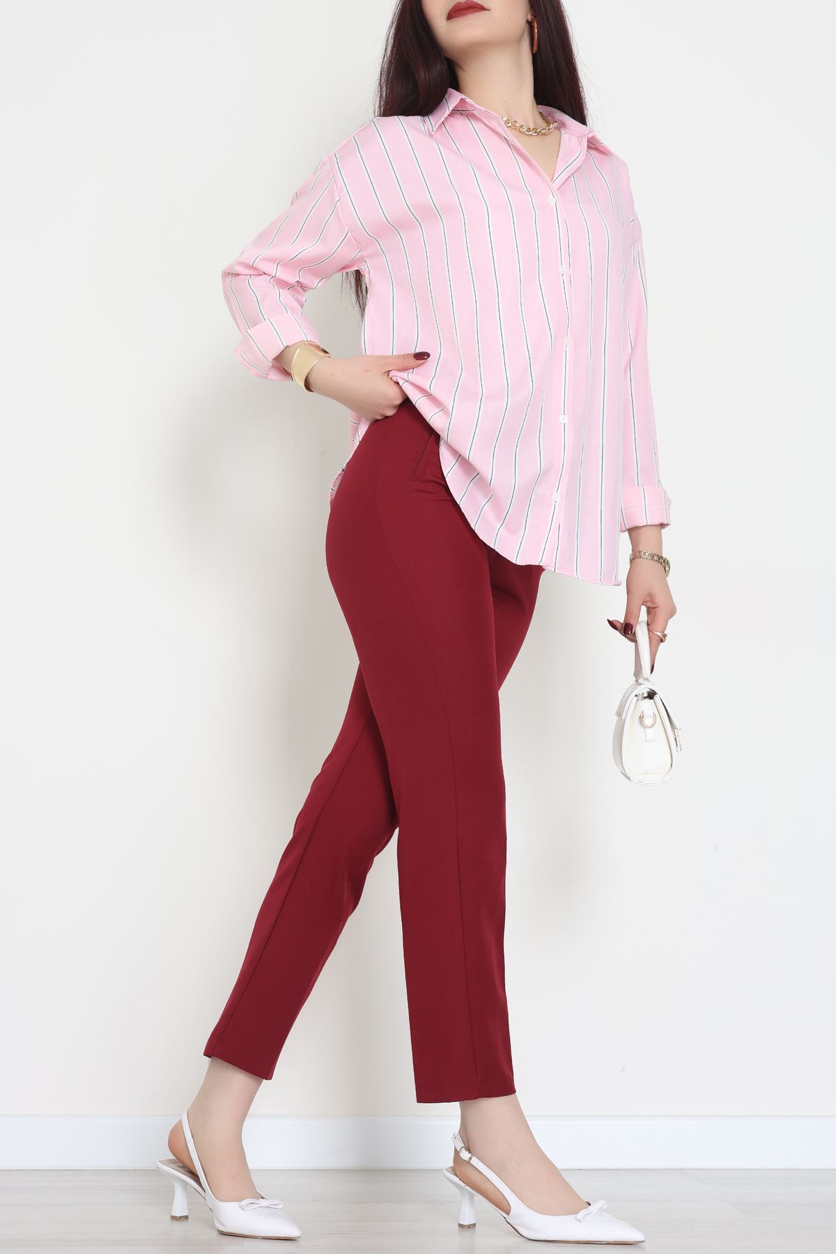 Pamuk Polyester Çizgili Oversize Gömlek Pembebeyaz - 51052.147.