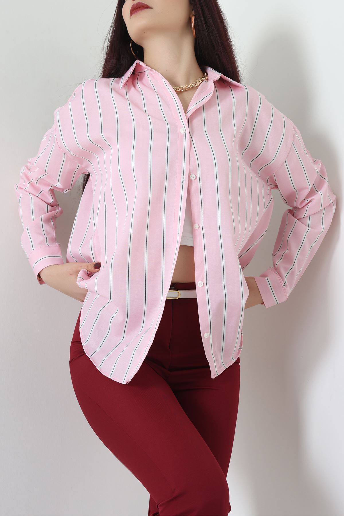 Pamuk Polyester Çizgili Oversize Gömlek Pembebeyaz - 51052.147.