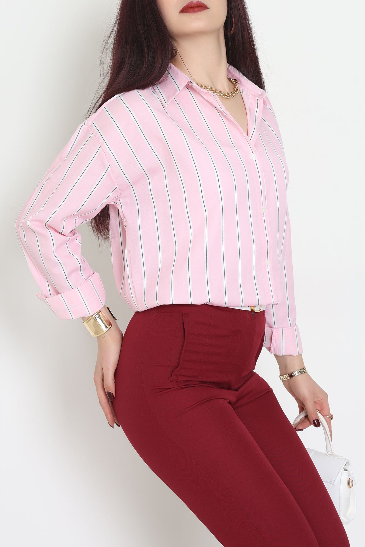 Pamuk Polyester Çizgili Oversize Gömlek Pembebeyaz - 51052.147.
