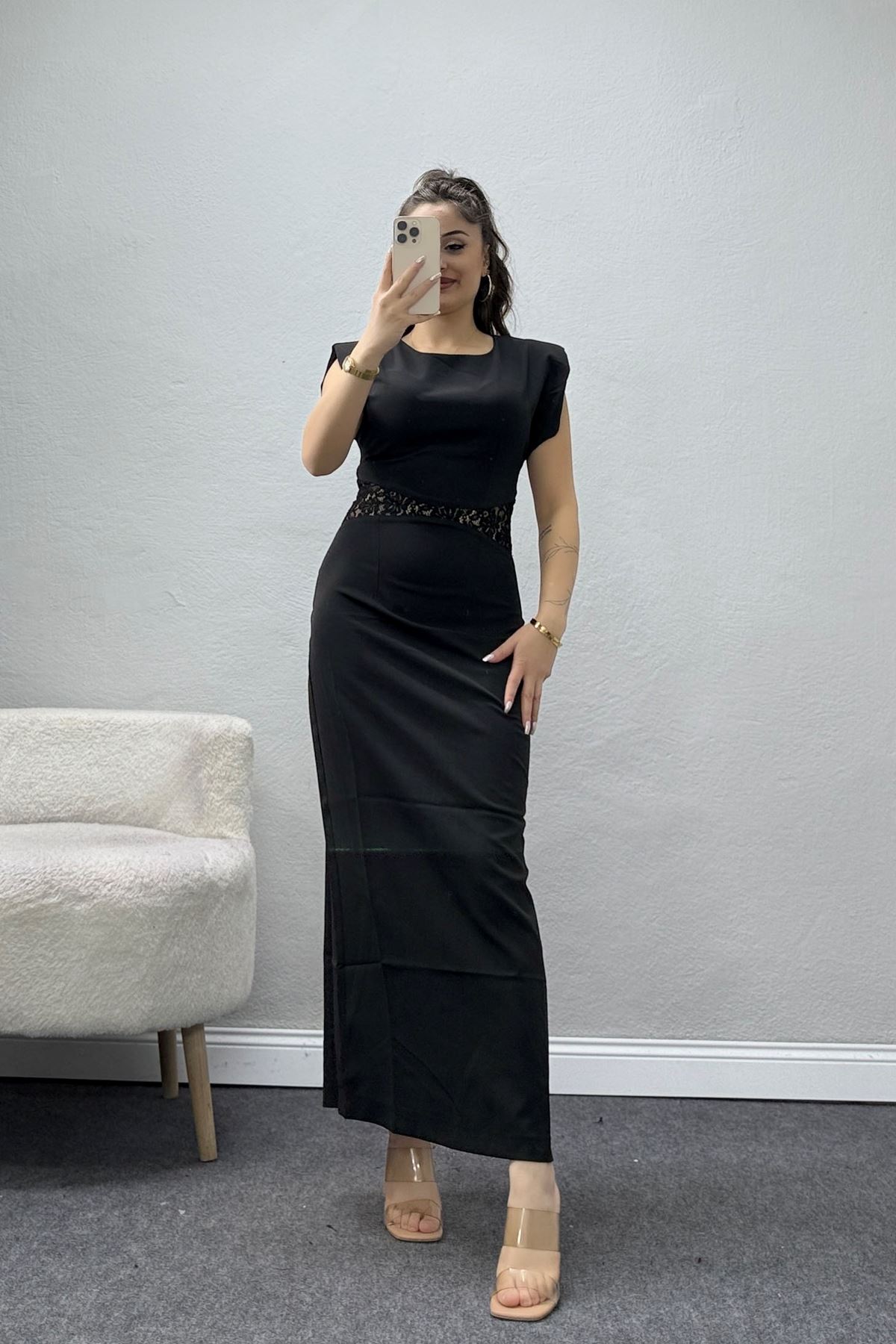 Dantel Detaylı Vatkalı Double Elbise Siyah - 51253.1347.