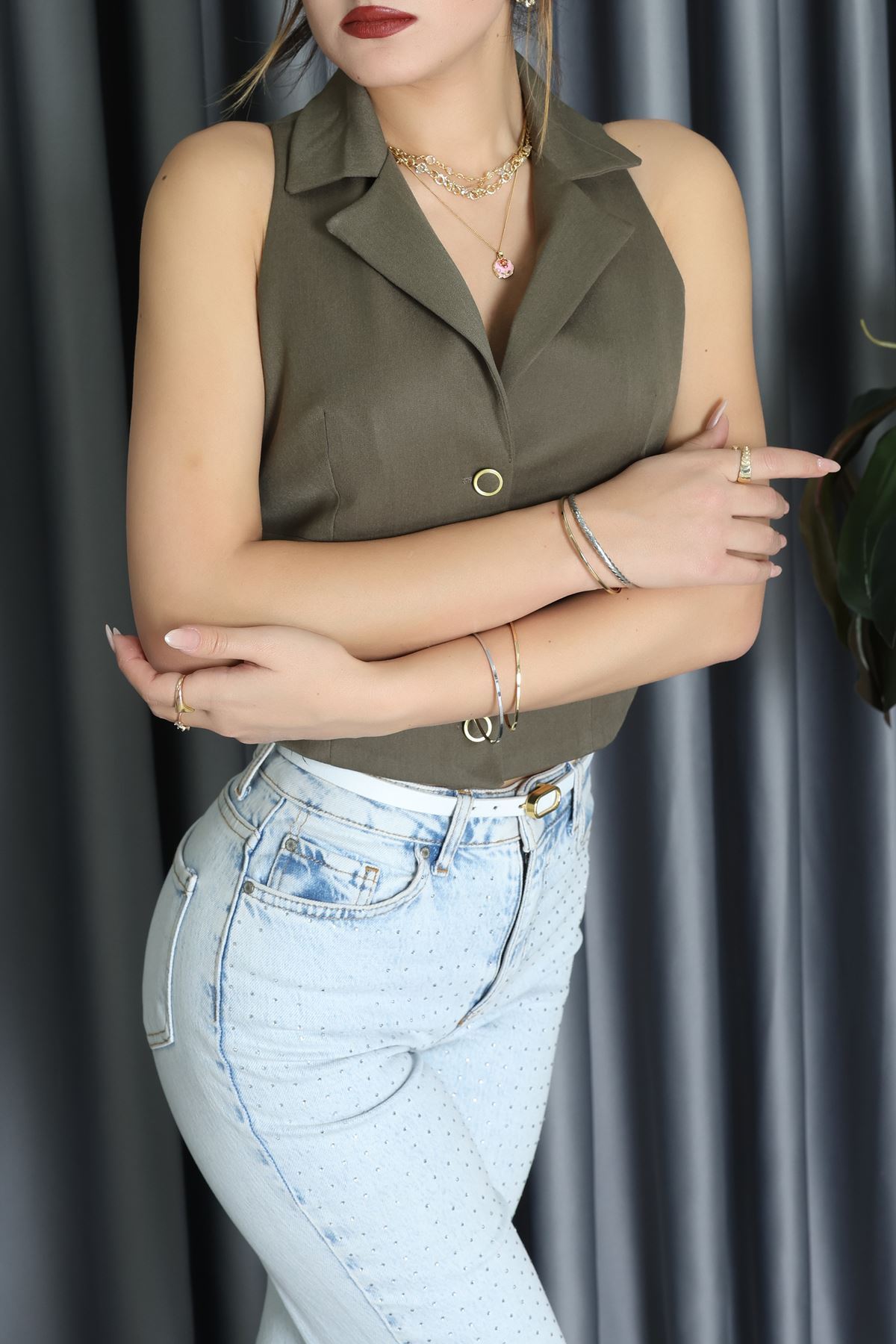 Önden Düğmeli Yelek Haki - 120693.444.