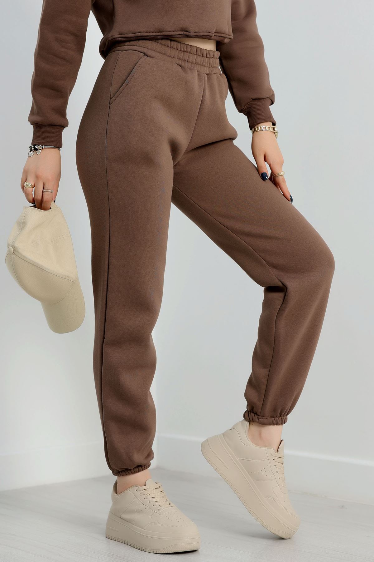 Paça Lastikli 3 İplik Eşofman Altı Kahve - 20956.1878.