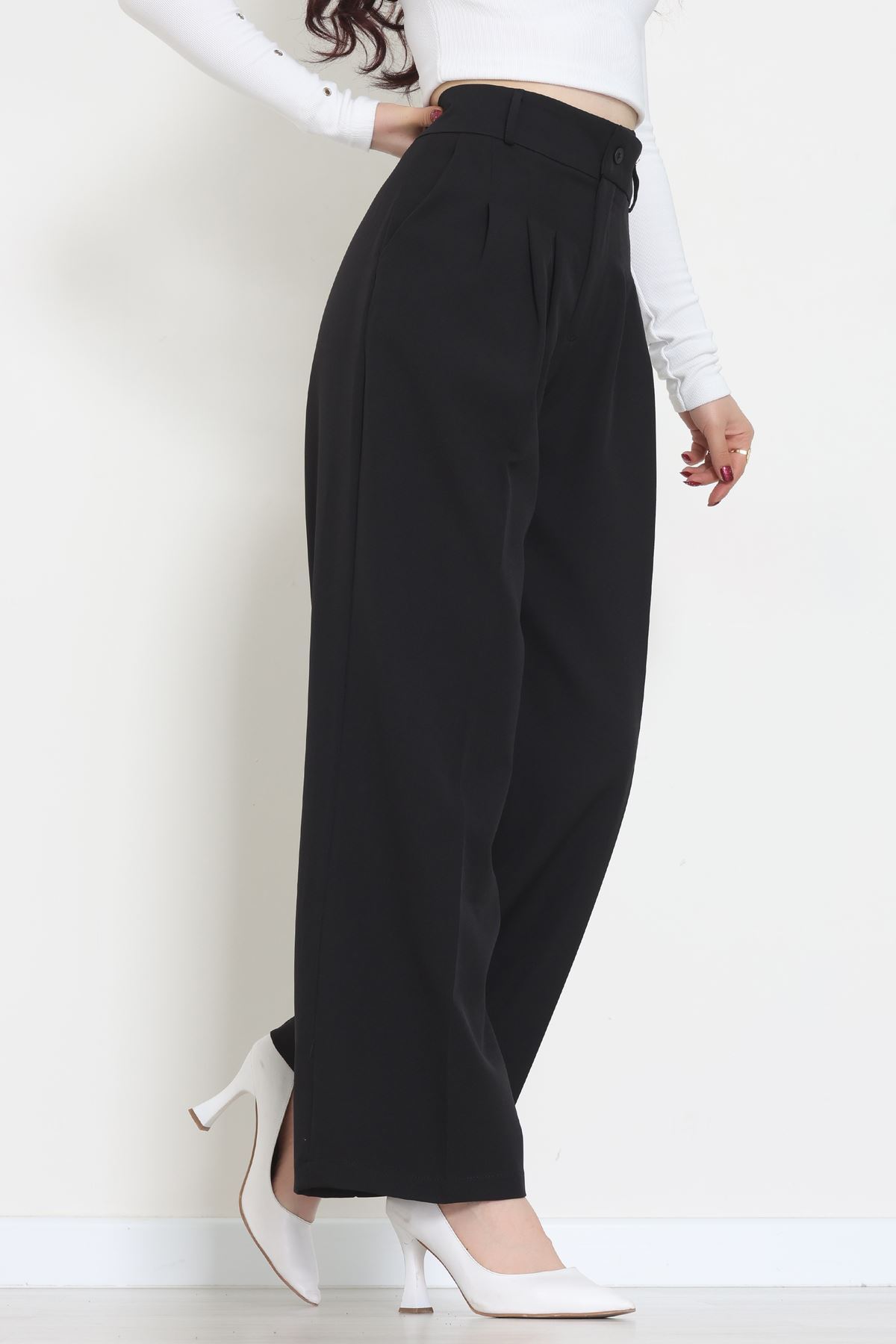 Premium Pileli Palazzo Pantolon Siyah - 51609.683.