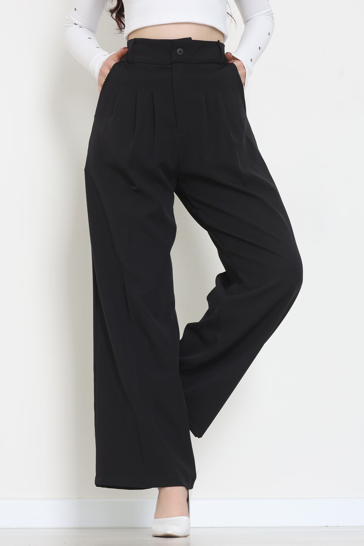 Premium Pileli Palazzo Pantolon Siyah - 51609.683.