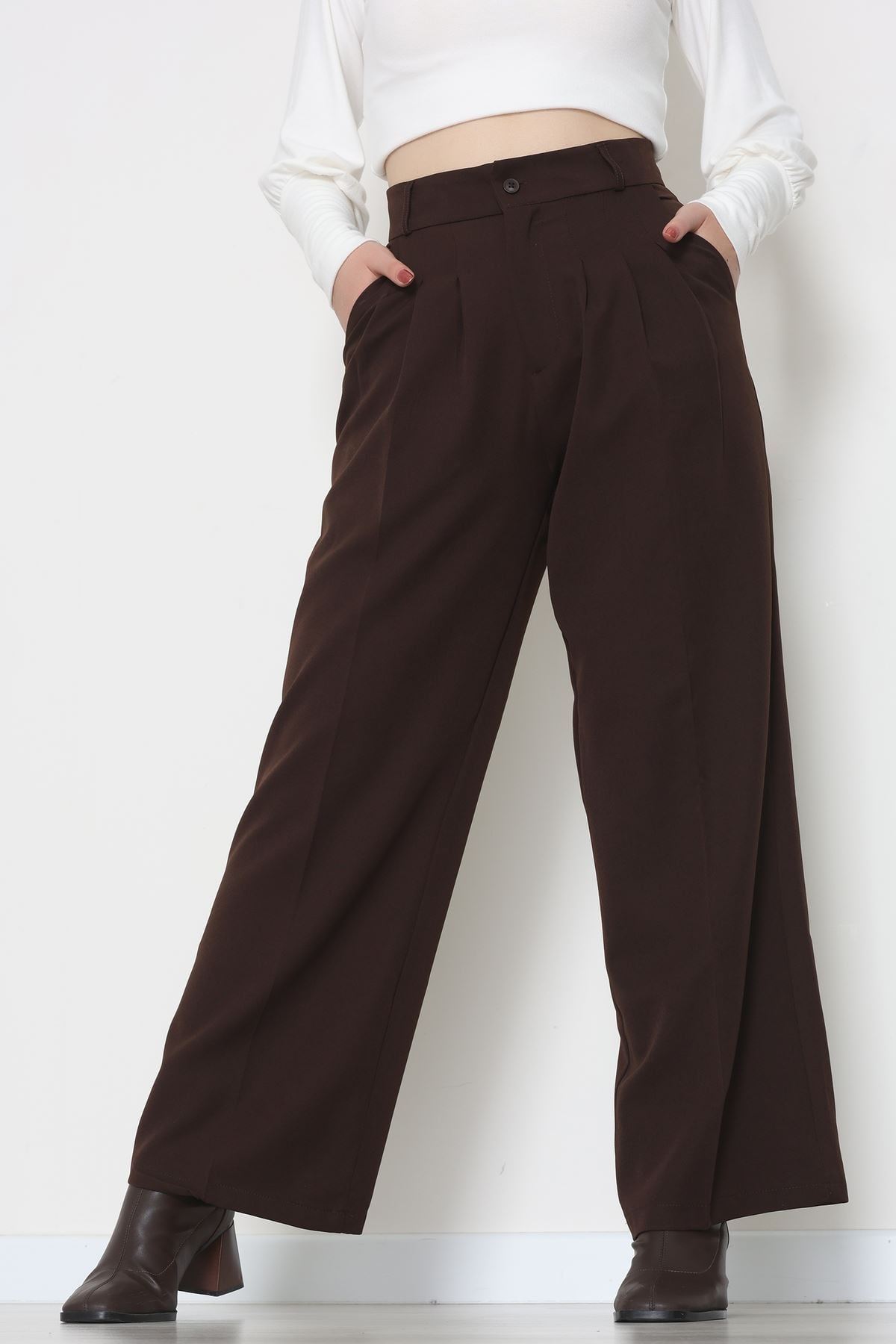 Premium Pileli Palazzo Pantolon Acıkahve - 51609.683.