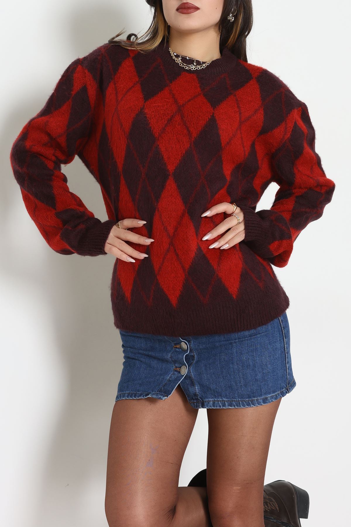 Baklava Dilimli Triko Kazak Mürdümkırmızı - 51263.1918.