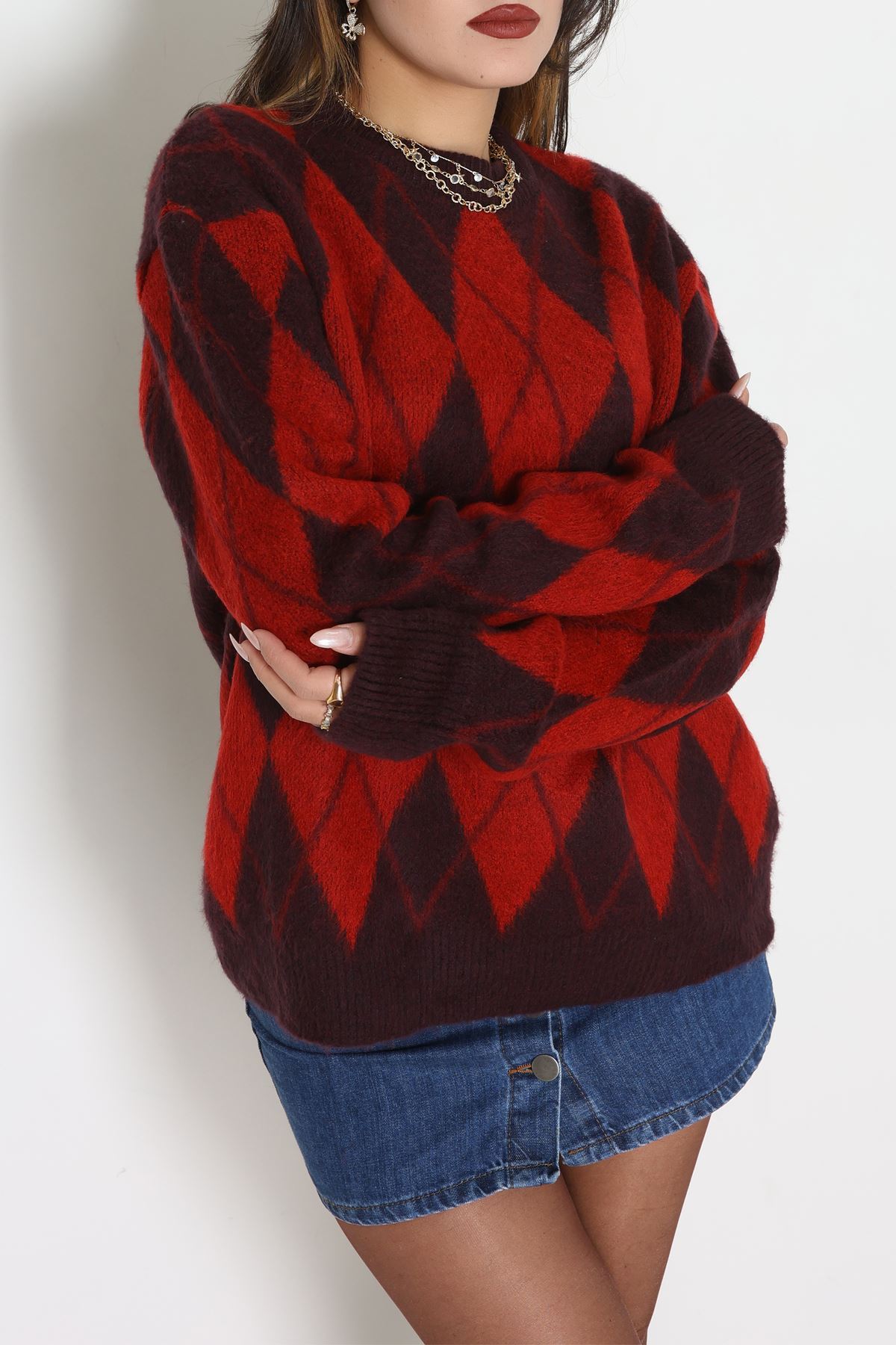 Baklava Dilimli Triko Kazak Mürdümkırmızı - 51263.1918.